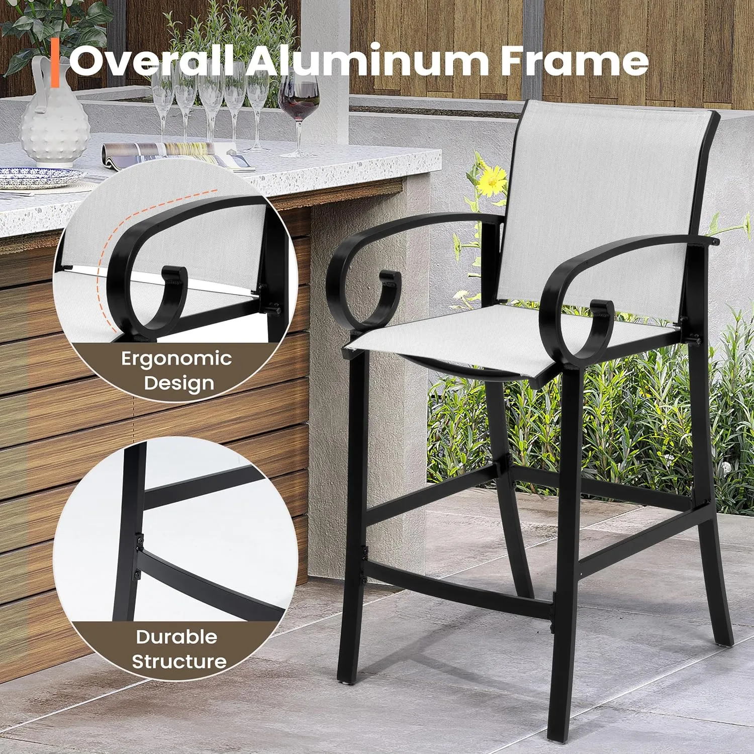 Pellebant Sunbrella Outdoor Bar Stool Set of 2 - Aluminum Bar Height Chairs 27.7'' Tall Patio Stools for Deck, Porch, Pool, Garden, Augustine Ashe