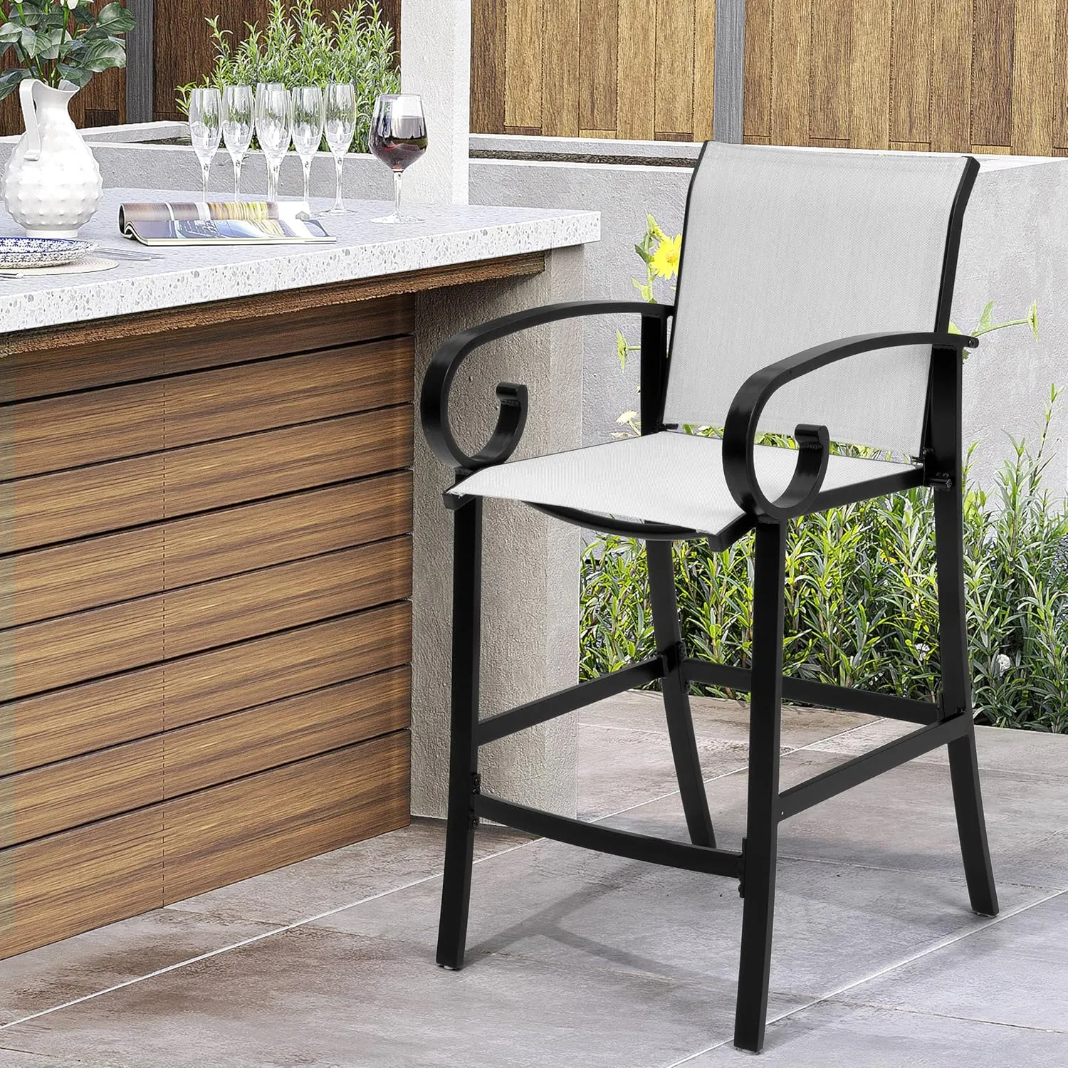 Pellebant Sunbrella Outdoor Bar Stool Set of 2 - Aluminum Bar Height Chairs 27.7'' Tall Patio Stools for Deck, Porch, Pool, Garden, Augustine Ashe