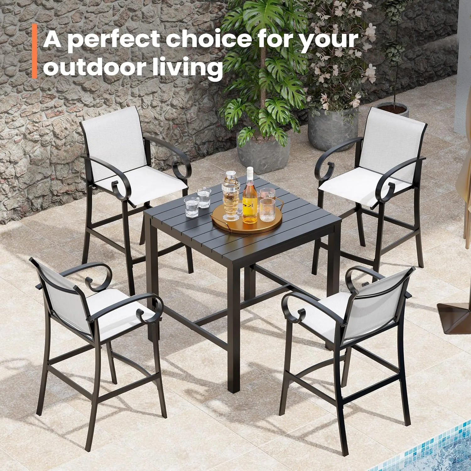 Pellebant Sunbrella Outdoor Bar Stool Set of 2 - Aluminum Bar Height Chairs 27.7'' Tall Patio Stools for Deck, Porch, Pool, Garden, Augustine Ashe