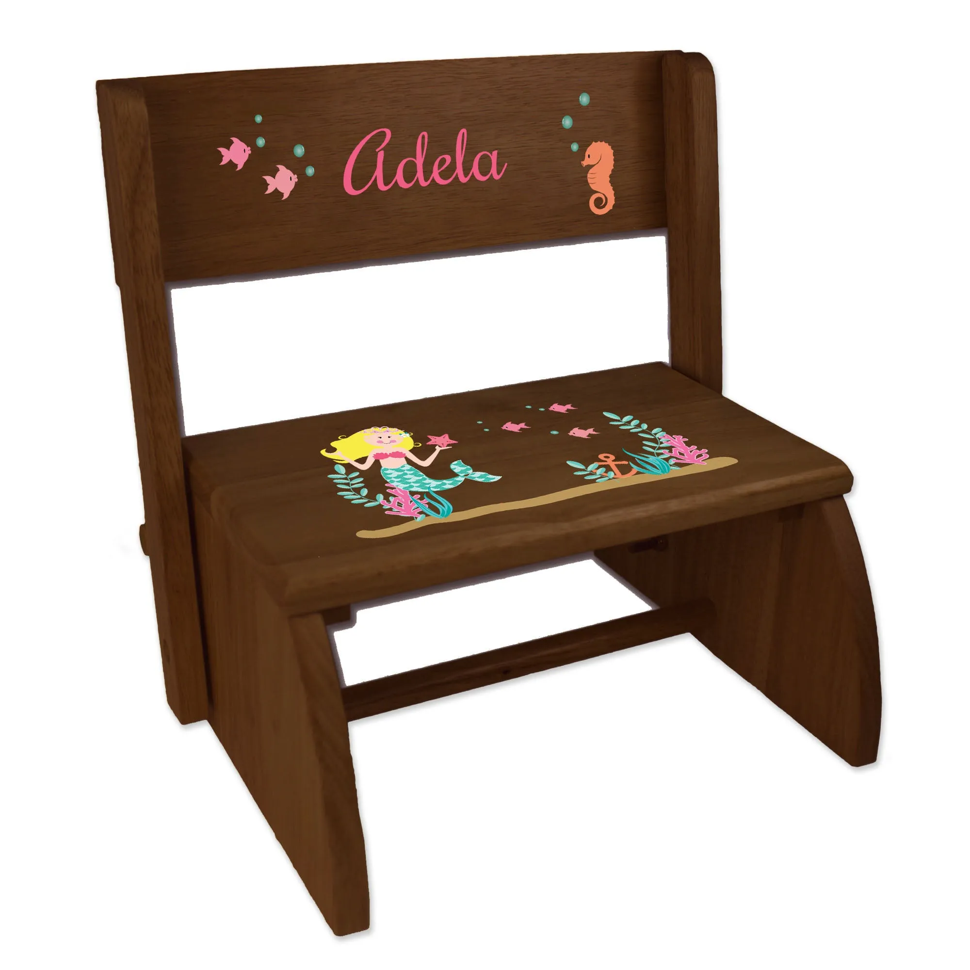 Personalized Blonde Mermaid Child's Espresso Flip Stool