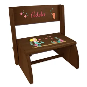 Personalized Blonde Mermaid Child's Espresso Flip Stool