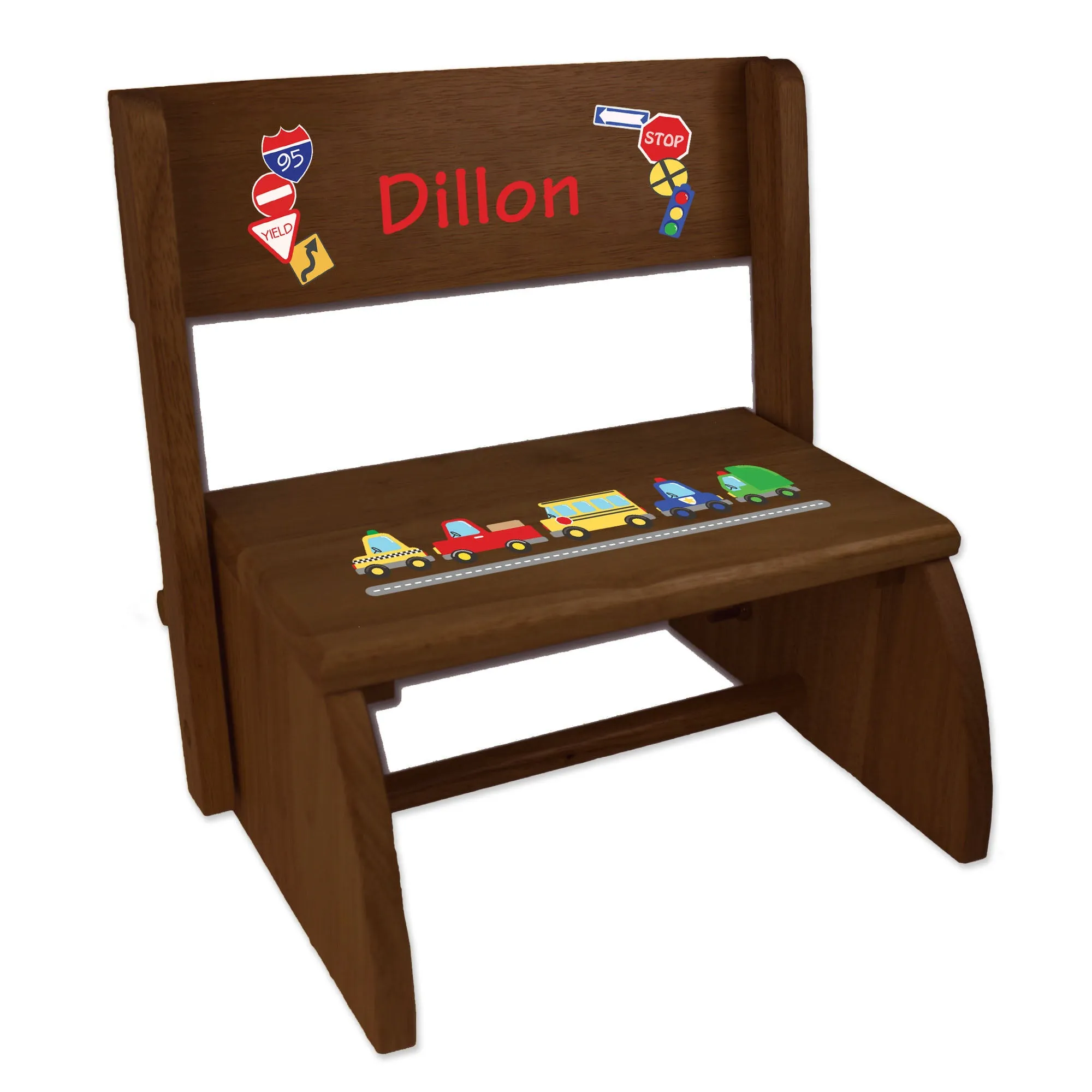 Personalized Cars And Trucks Child's Espresso Flip Stool