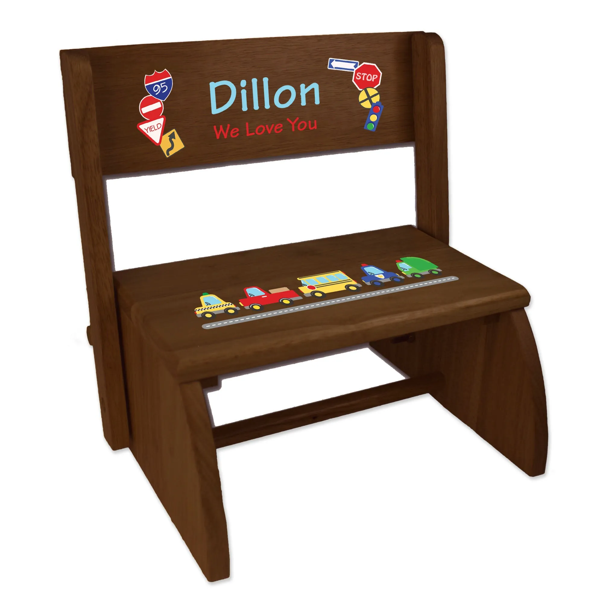 Personalized Cars And Trucks Child's Espresso Flip Stool