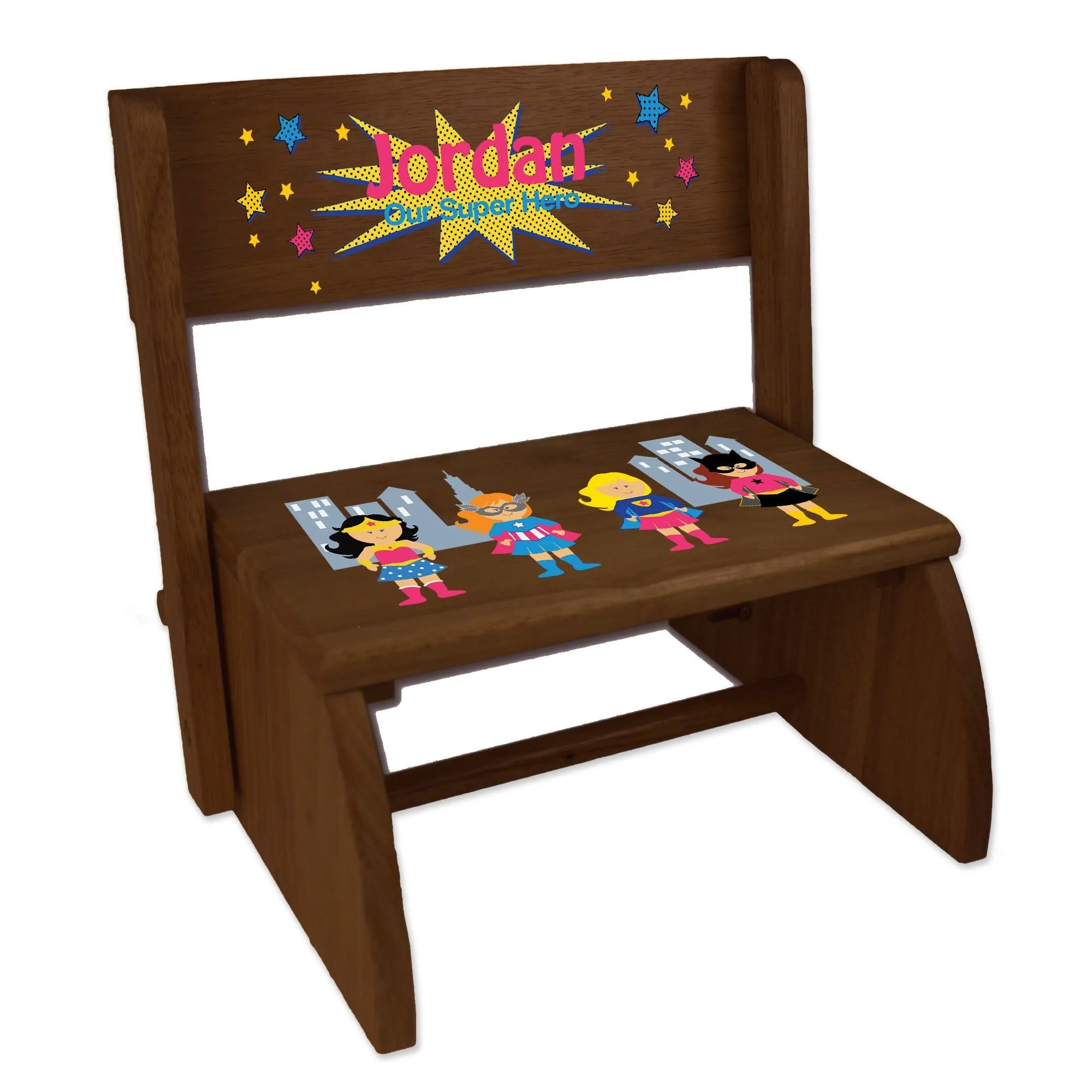 Personalized Girls Superhero Child's Espresso Flip Stool