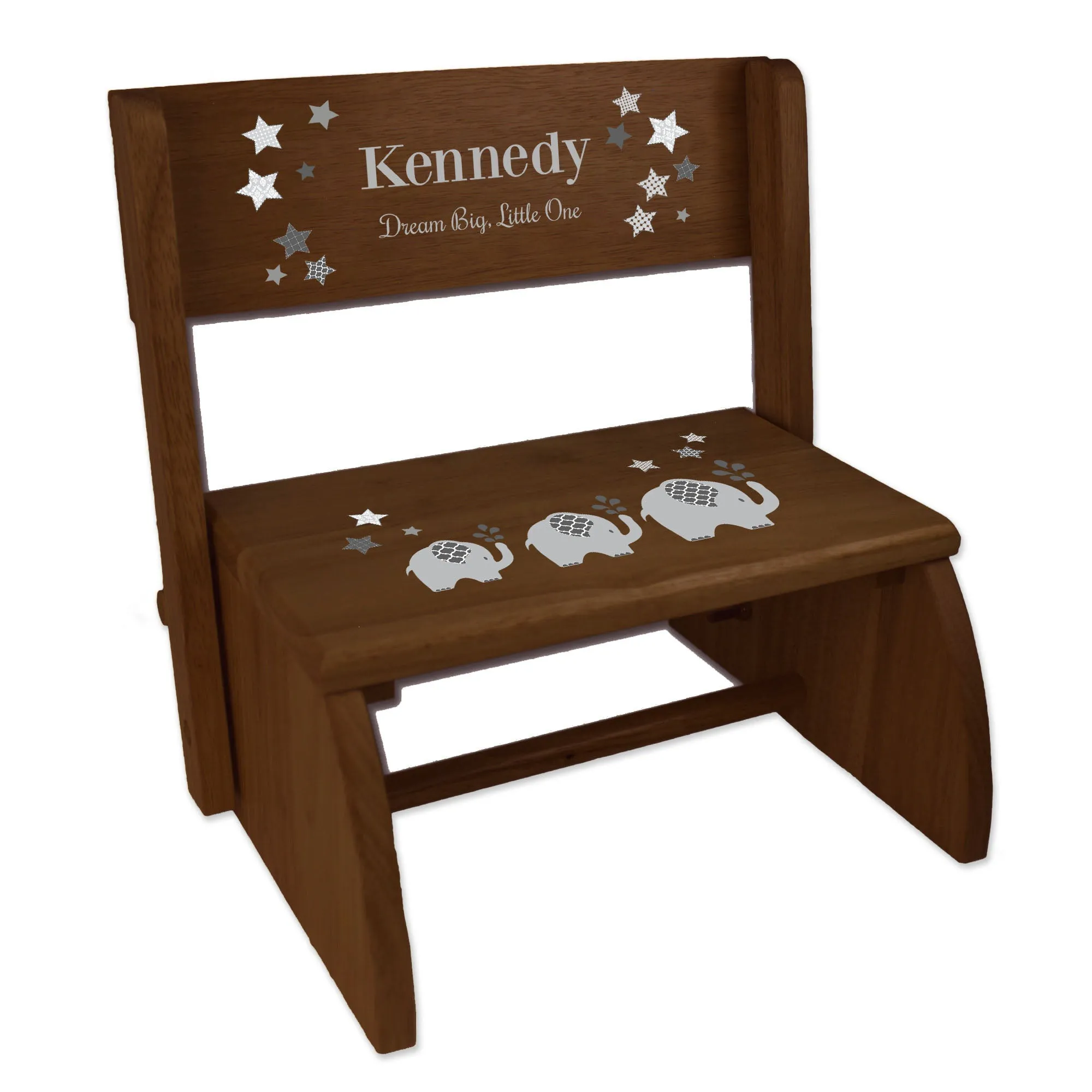 Personalized Gray Elephant Child's Espresso Flip Stool