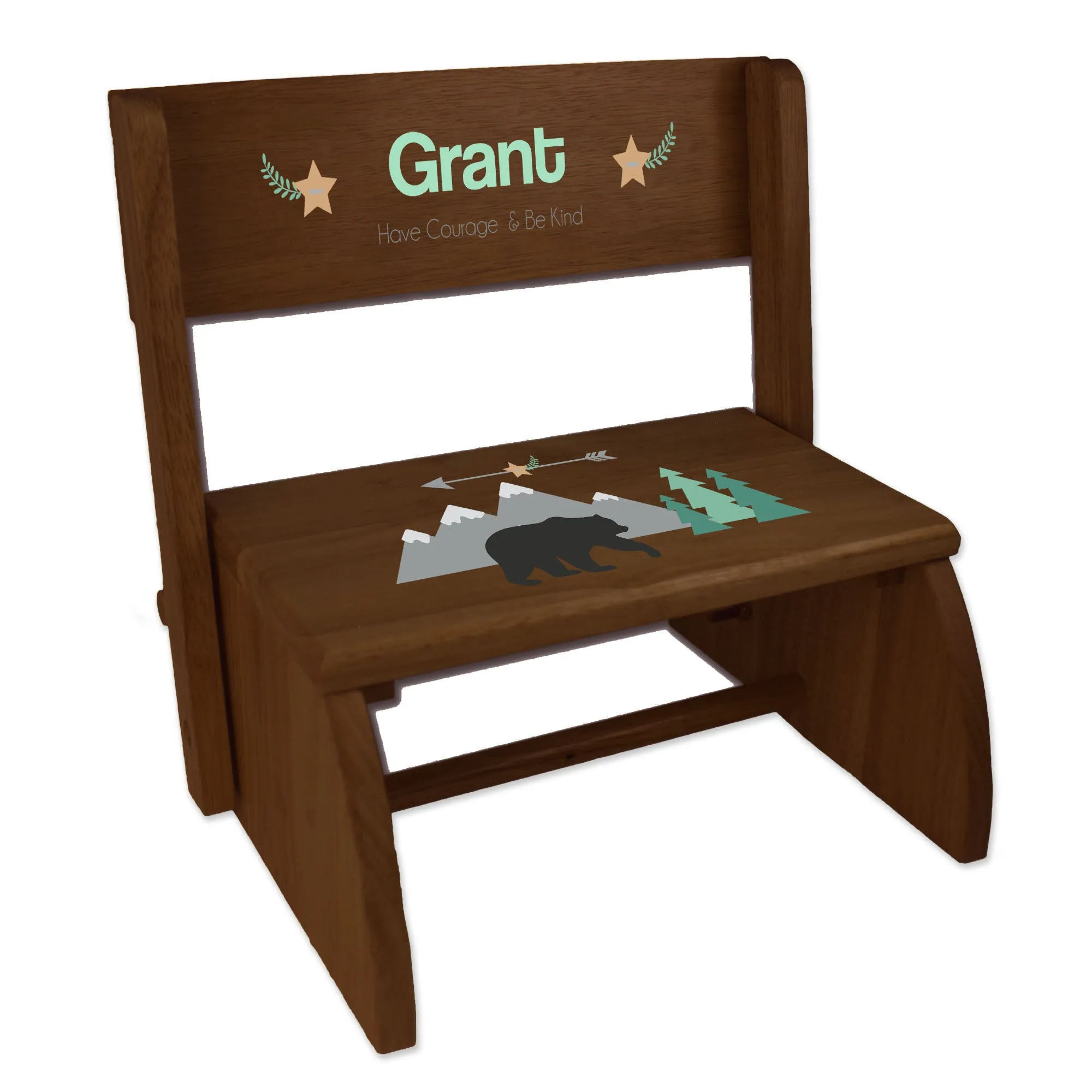 Personalized Mountain Bear Child's Espresso Flip Stool