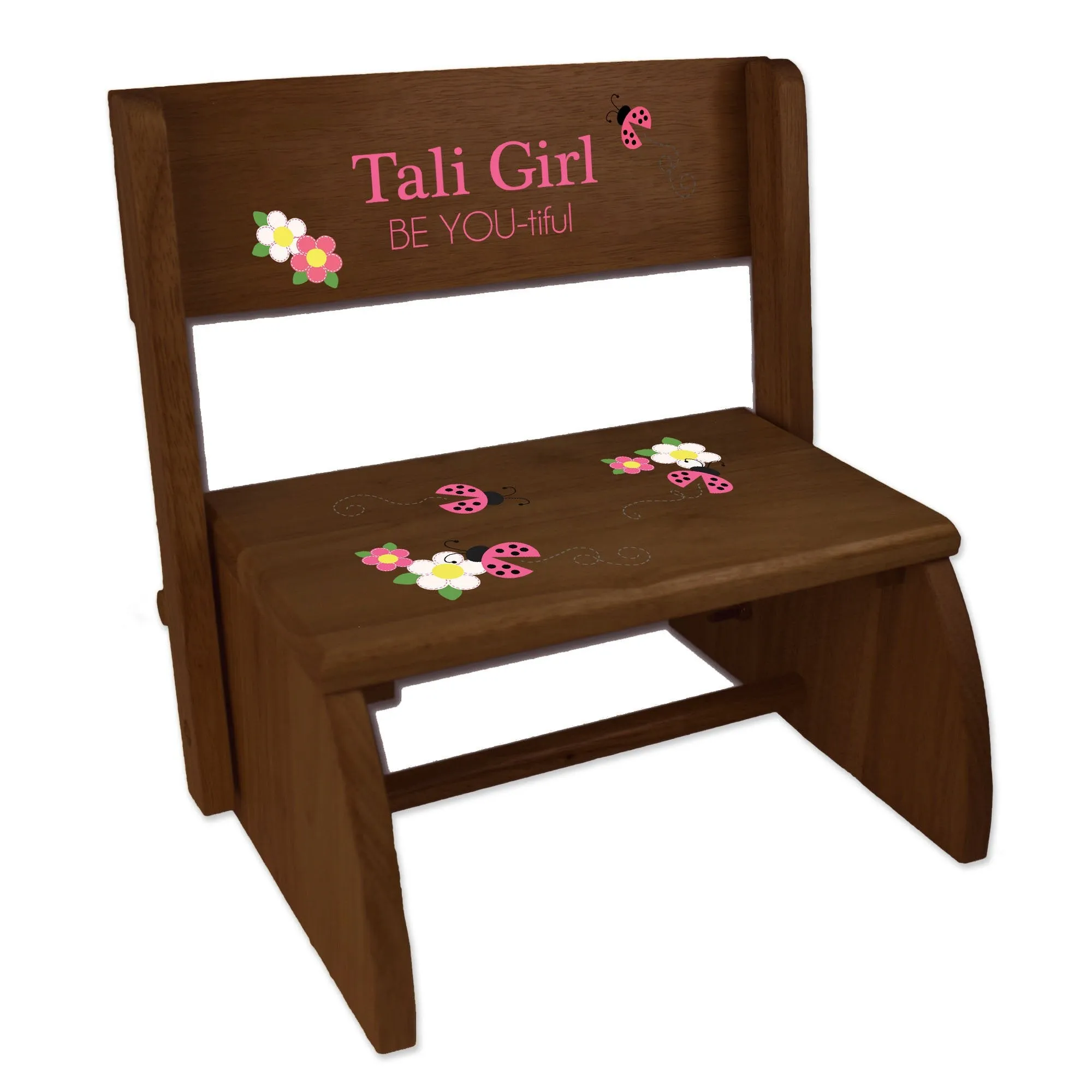 Personalized Red Ladybug Child's Espresso Flip Stool