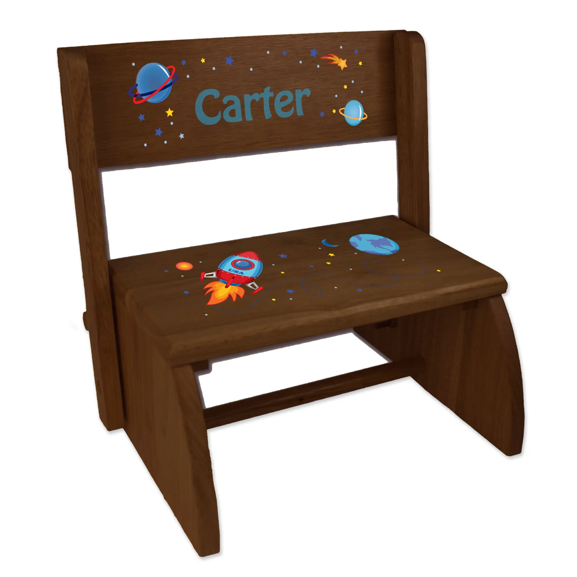 Personalized Rocket Child's Espresso Flip Stool