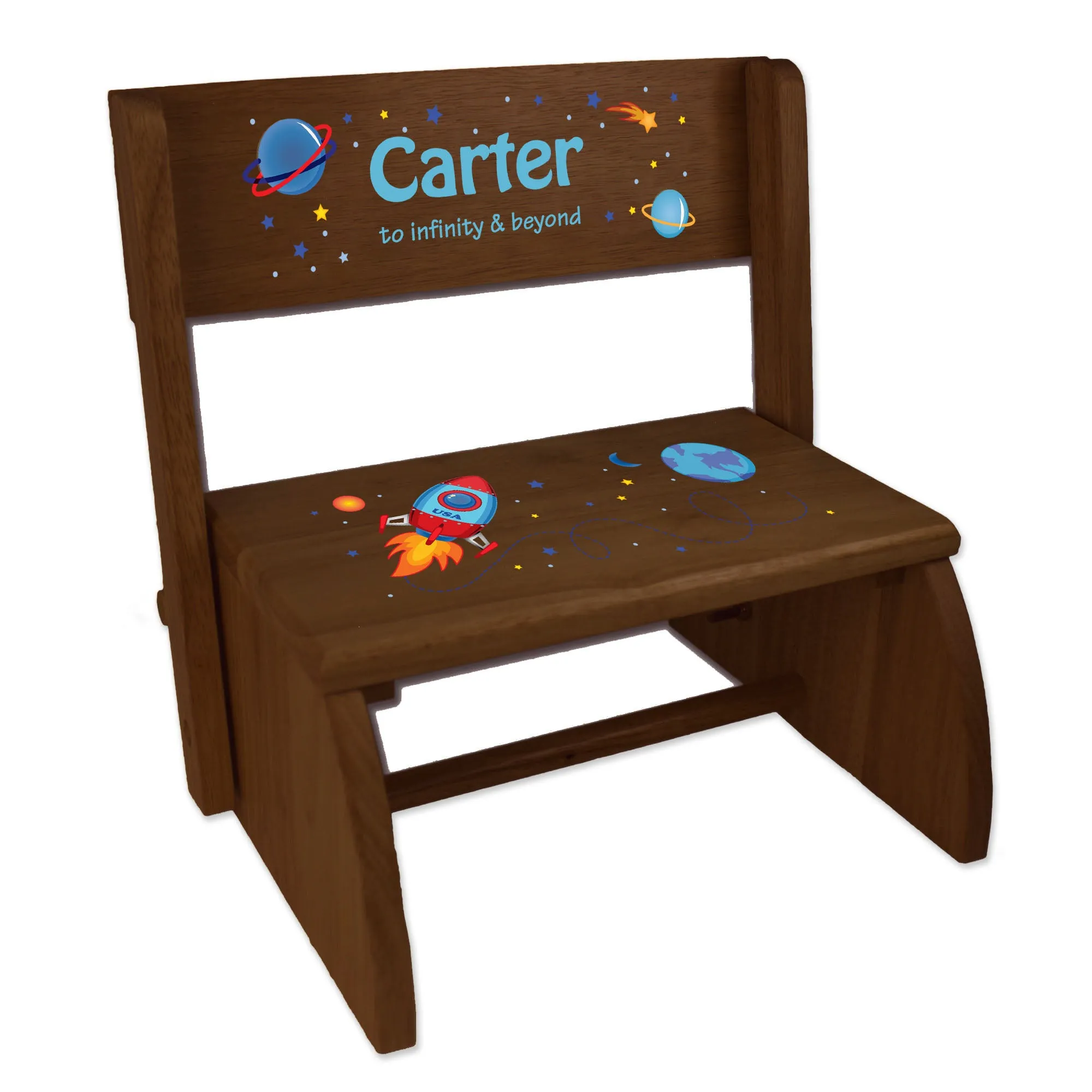 Personalized Rocket Child's Espresso Flip Stool