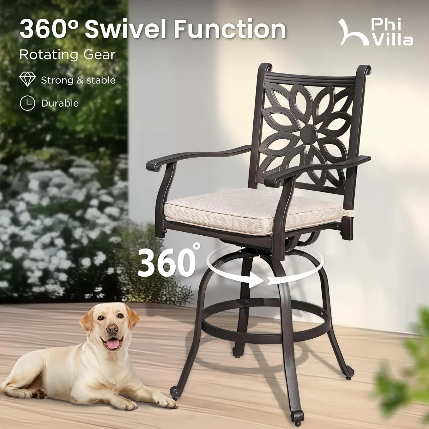 PHI VILLA Outdoor Swivel Bar Stools Set of 4, Cast Aluminum Patio Pub Height Bar Stool & Chairs with Seat Cushion