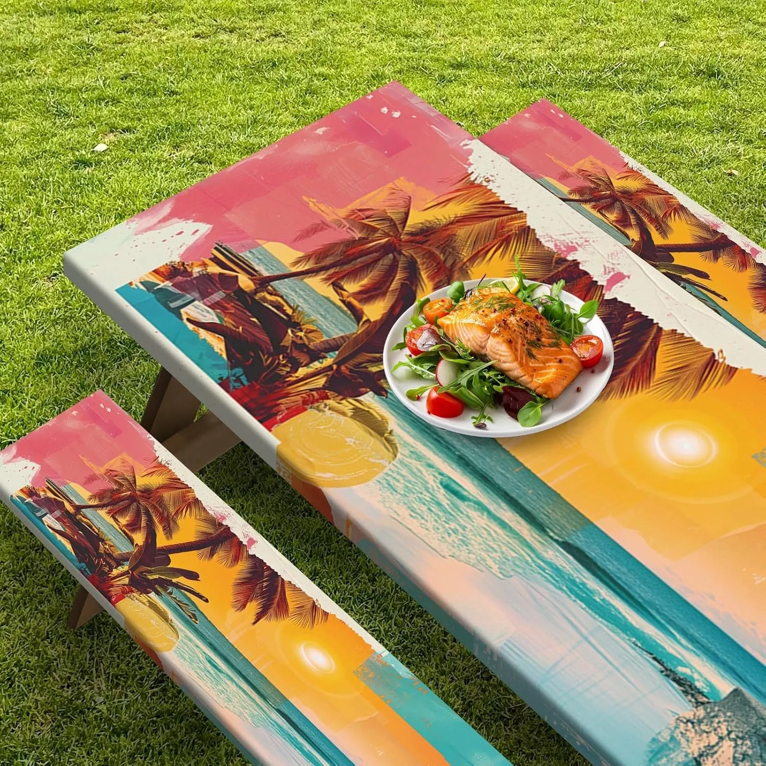 Picnic Table Cover with Bench Covers Elastic Edges, Palm Trees Camper Fitted Table Cover, Outdoor Camping Essentials 72 Inch 3PCS, Waterproof Camping Fitted Tablecloth with Drawstring Bag