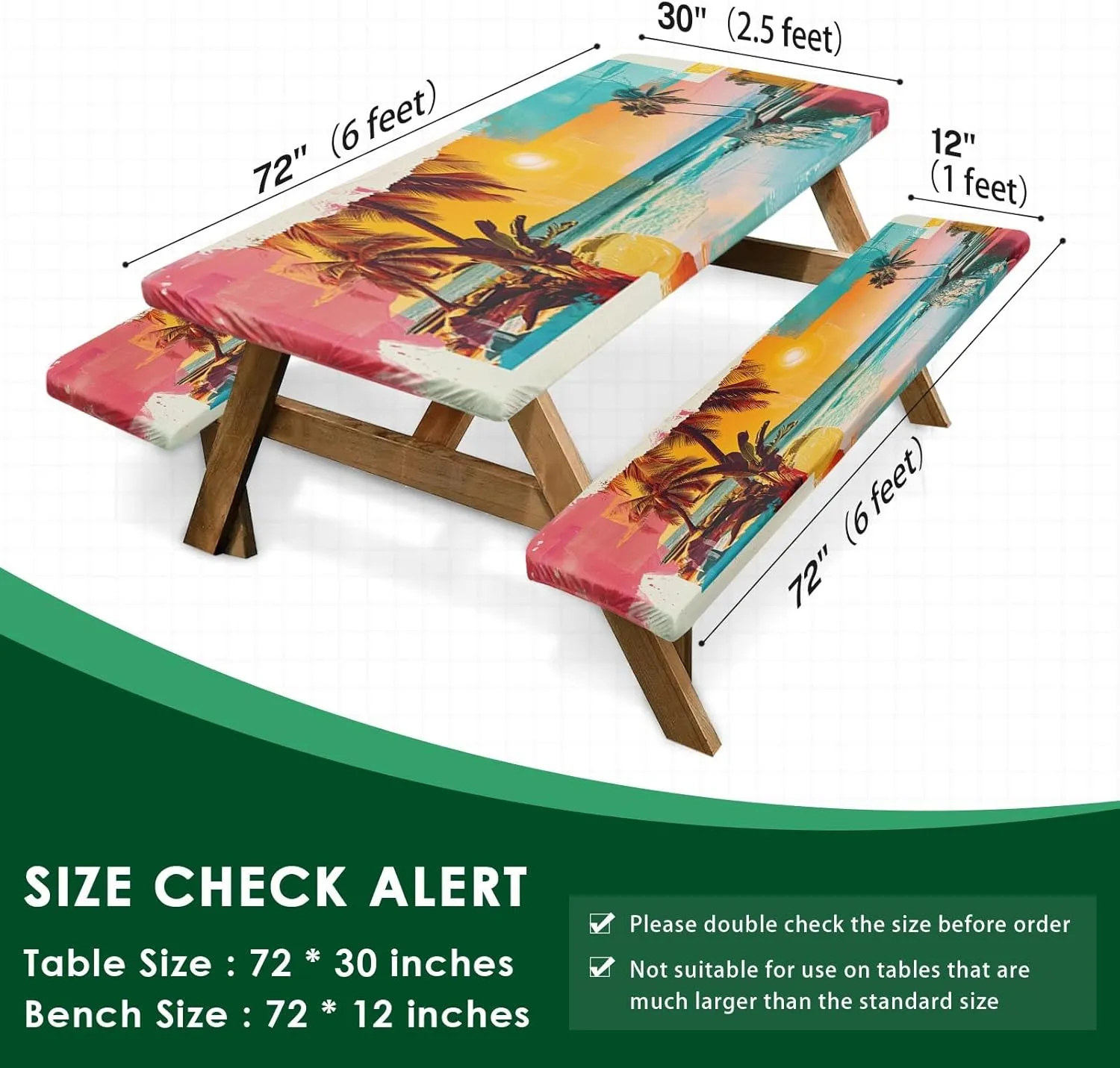 Picnic Table Cover with Bench Covers Elastic Edges, Palm Trees Camper Fitted Table Cover, Outdoor Camping Essentials 72 Inch 3PCS, Waterproof Camping Fitted Tablecloth with Drawstring Bag