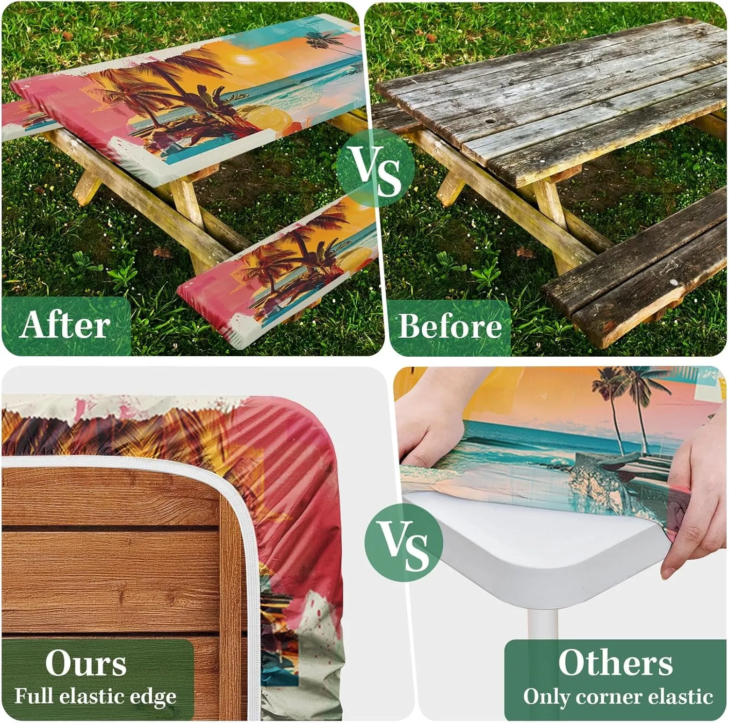 Picnic Table Cover with Bench Covers Elastic Edges, Palm Trees Camper Fitted Table Cover, Outdoor Camping Essentials 72 Inch 3PCS, Waterproof Camping Fitted Tablecloth with Drawstring Bag