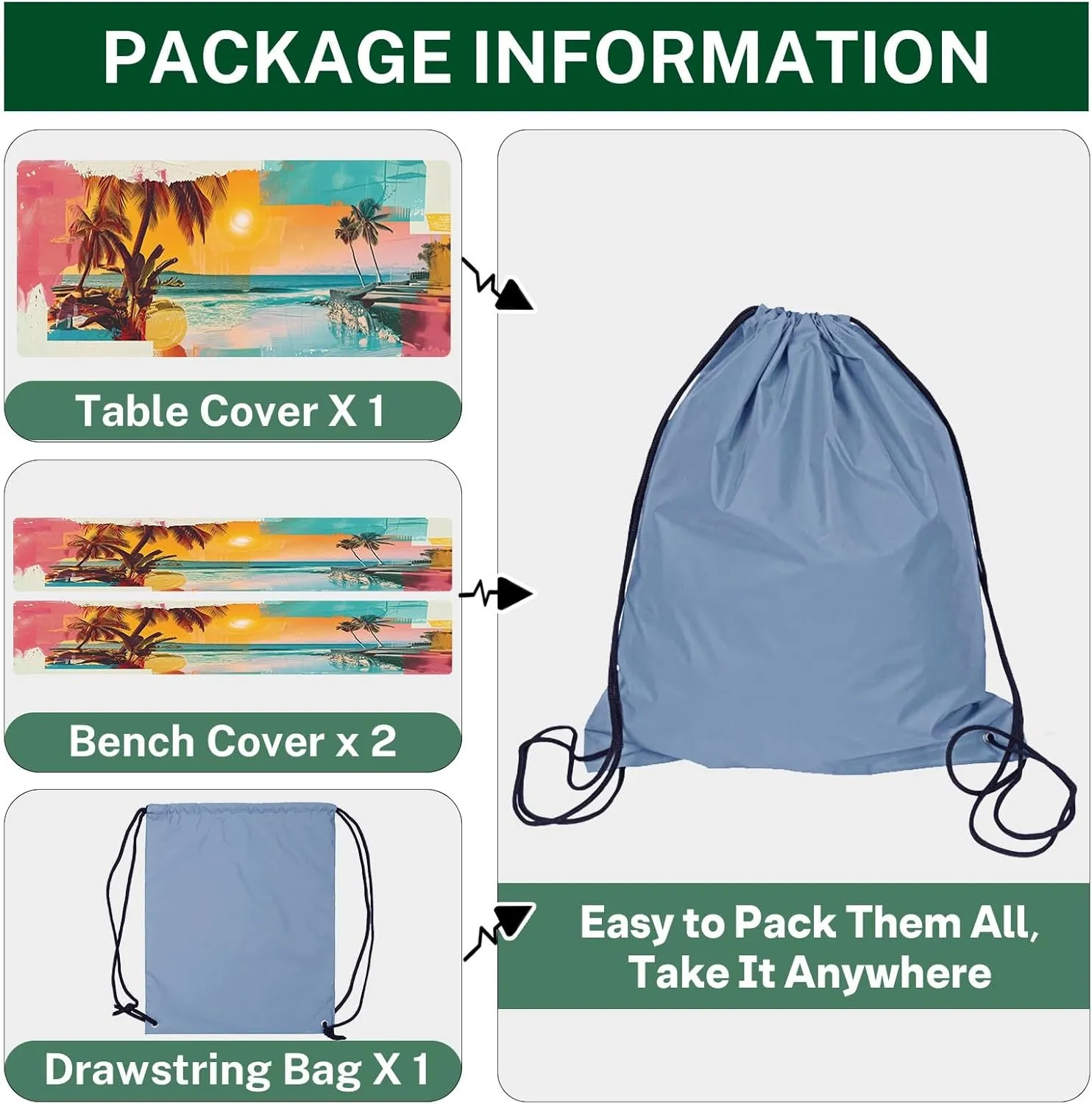 Picnic Table Cover with Bench Covers Elastic Edges, Palm Trees Camper Fitted Table Cover, Outdoor Camping Essentials 72 Inch 3PCS, Waterproof Camping Fitted Tablecloth with Drawstring Bag