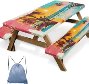 Picnic Table Cover with Bench Covers Elastic Edges, Palm Trees Camper Fitted Table Cover, Outdoor Camping Essentials 72 Inch 3PCS, Waterproof Camping Fitted Tablecloth with Drawstring Bag