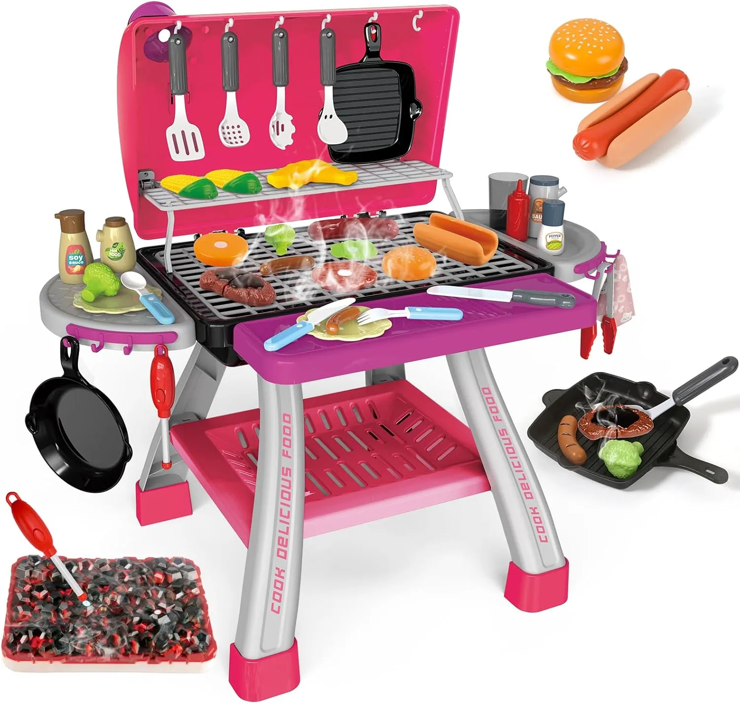 Pink Kitchen Toy Set, Kids Grill Playset with Smoke, Sound & Light, Little Chef Play,Cooking Interactive Toys Christmas Birthday Gift for Boys Girls