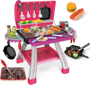 Pink Kitchen Toy Set, Kids Grill Playset with Smoke, Sound & Light, Little Chef Play,Cooking Interactive Toys Christmas Birthday Gift for Boys Girls