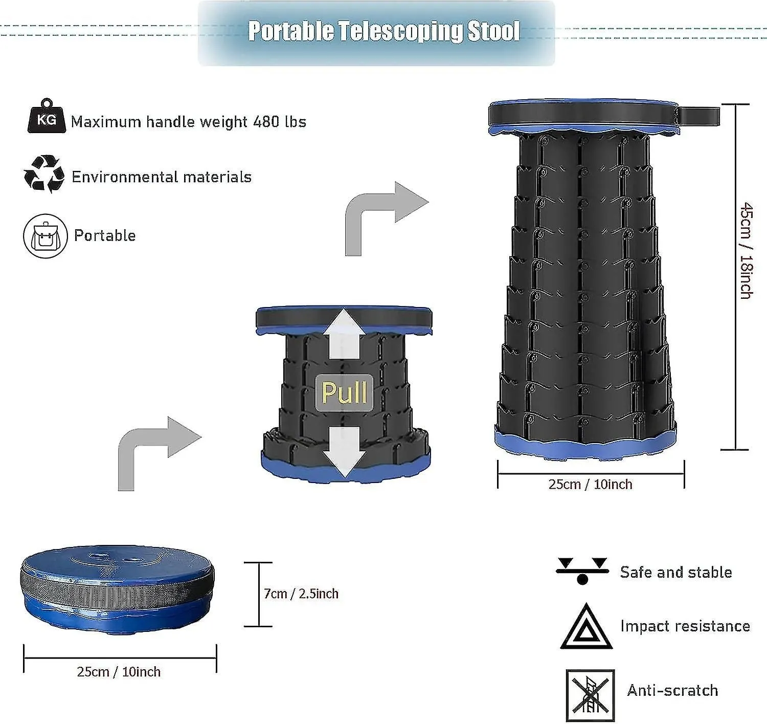 Portable Collapsible Telescoping Stool Folding Stool With Load Capacity 150kg