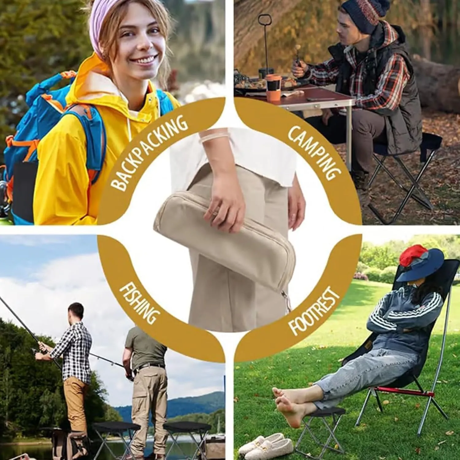 Portable Folding Camping Stool, Mountaineering and Hiking Portable Multiple Storage Pockets 330 lbs Capacity for Adults, Holds 280lbs, Ideal for Hiking, Fishing, Outdoor Use (Black)