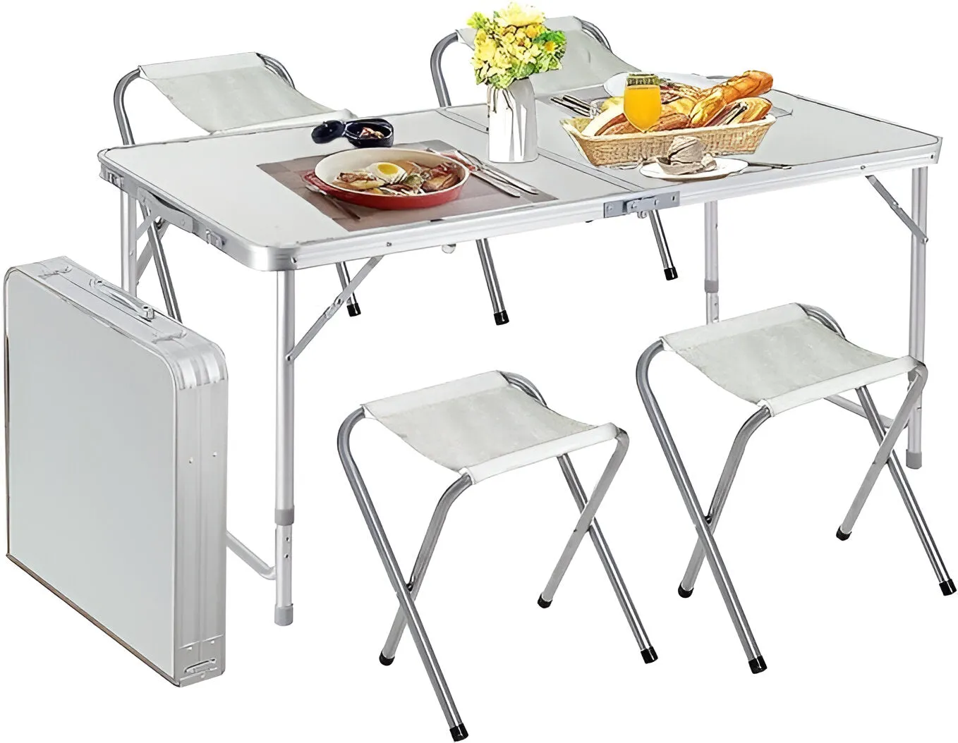 Portable Folding Camping Table with 4 Stools and Umbrella Hole