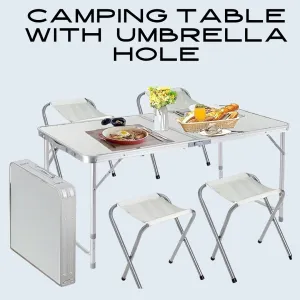 Portable Folding Camping Table with 4 Stools and Umbrella Hole