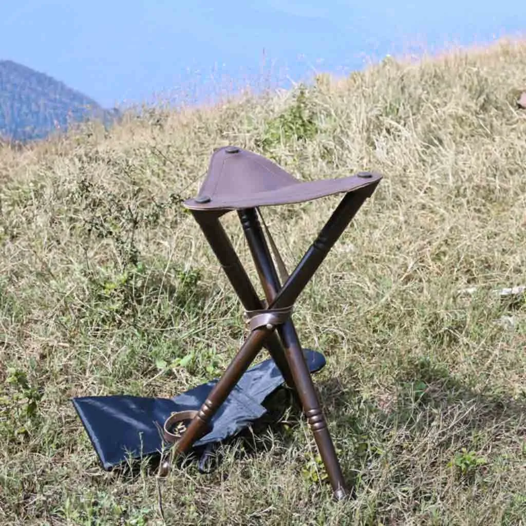 Portable Natural Wood Tripod Stool with Leather Seat