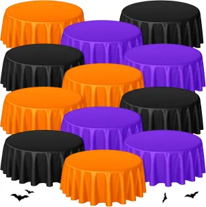 Preboun 24 Pcs Halloween Round Plastic Tablecloth Black Purple Orange Table Cloths Disposable Decorative Table Cover for Parties Weddings Dining Buffet Outdoor Camping Picnic Autumn Fall, 84 Inches