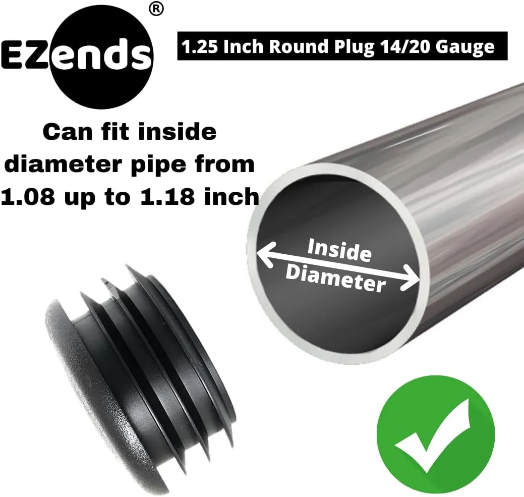 Premium Grade 1 1/4 Inch Round Plastic Plugs, Extra Durable 14-20 Gauge (50 Pack) Pipe Plug Tubing End Cap, Black Round End Caps, Durable Chair Glide Sliders, Furniture Floor Protection.