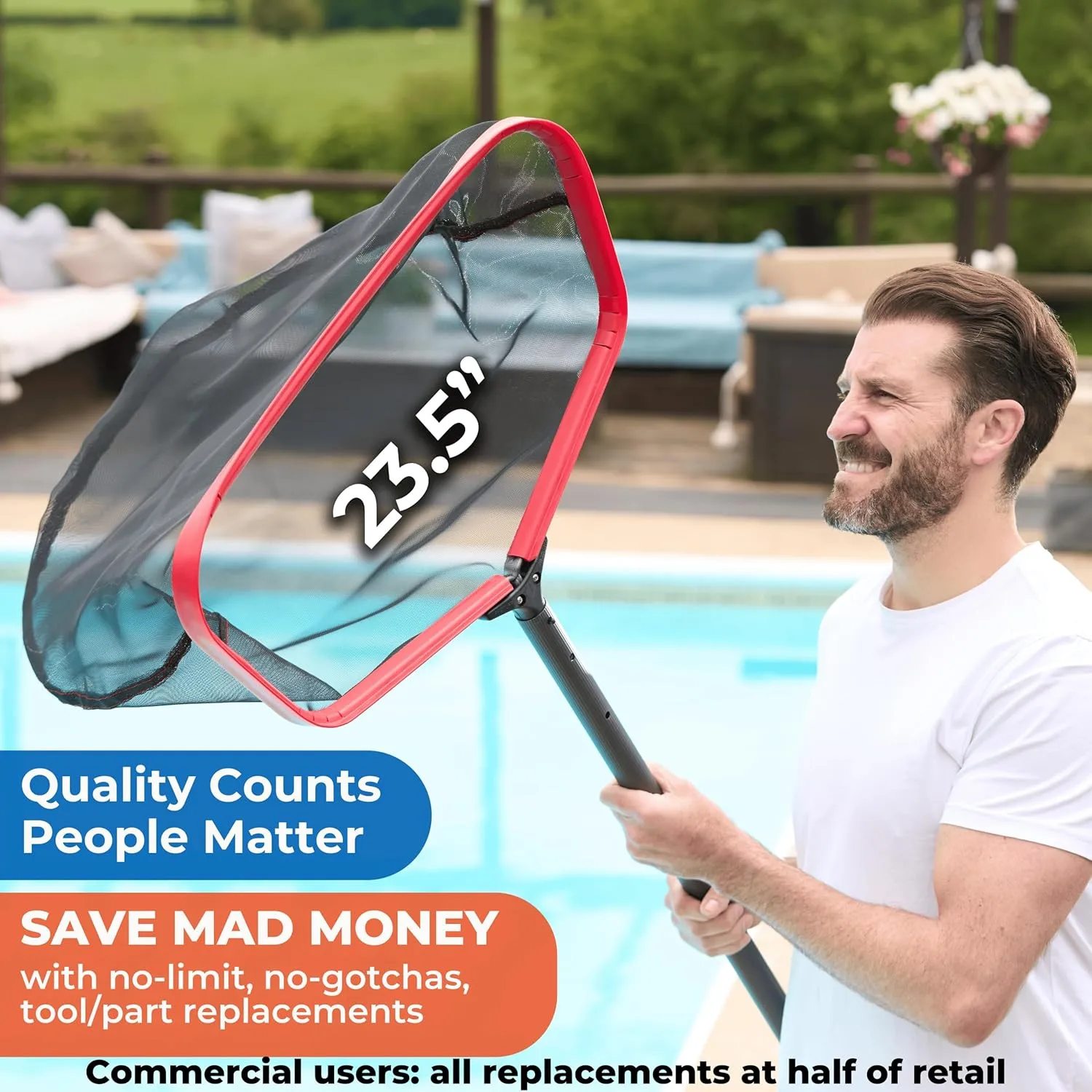 ProTuff 23" Fine Pool Net – “490 Promise” Unlimited, Unconditional Replacement – Cleans 3X Faster Than Vacuums – Wide Pool Skimmer Net with Deep Bag for Easy Maintenance of Leaves, Bugs & Debris