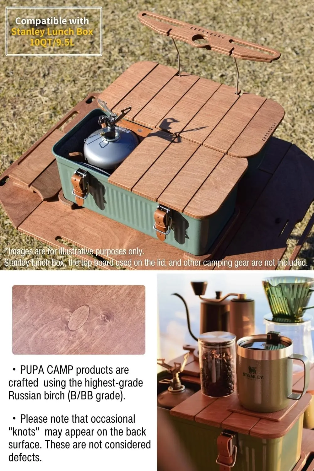 PUPACAMP Wooden Table Compatible with Stanley Lunch Box 10qt (9.5L) (Detachable Top Board)