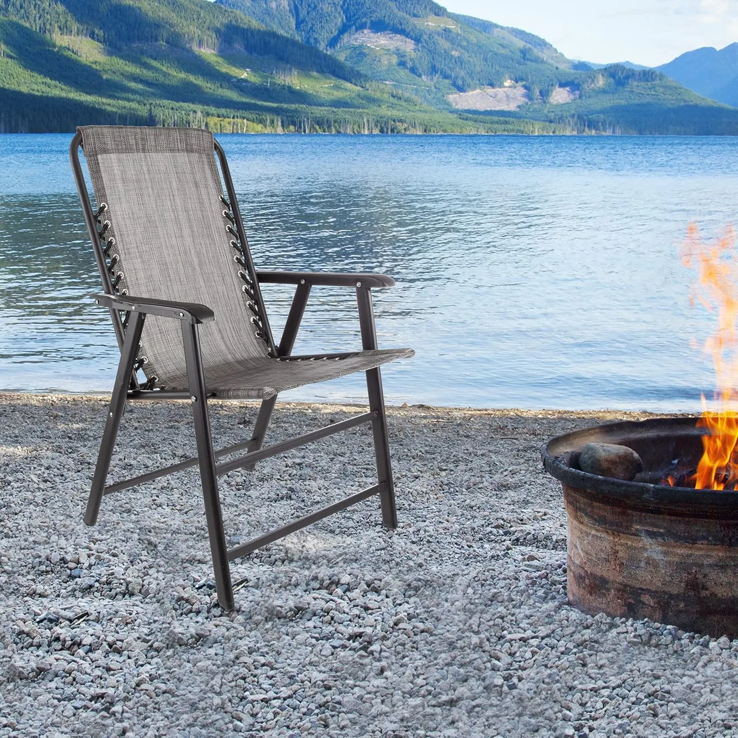 Pure Garden Folding Camping Chairs - Set of 2 Lawn Chairs with Textilene Fabric and Bungee Suspension - Portable Lounge Stools for Adults (Gray)