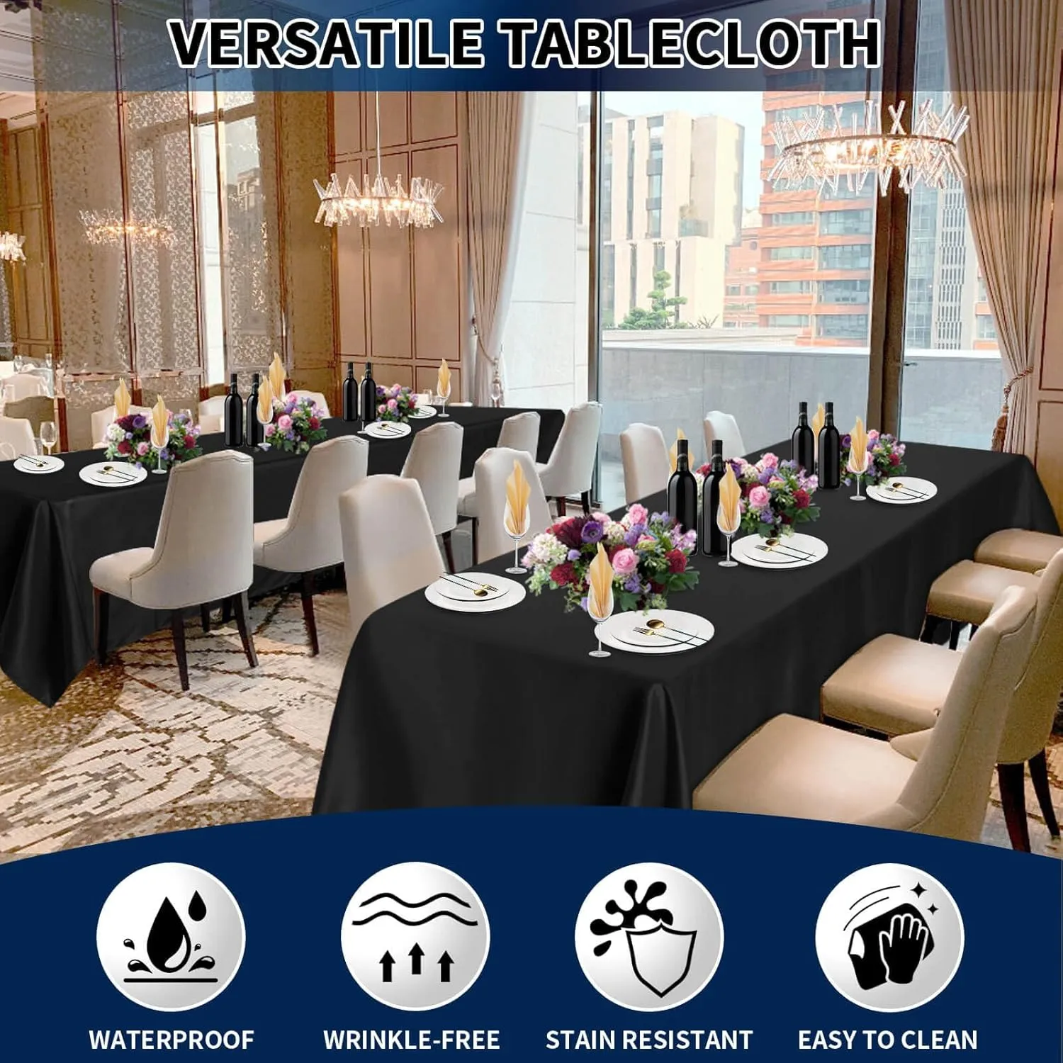 PureFit 6 Pack Black Table Cloths 60 x 126 Inch, Stain and Wrinkle Resistant Table Linen for 6 Ft Rectangle Table, Polyester Table Covers for Dining Table, Wedding, Party, Banquet and Camping