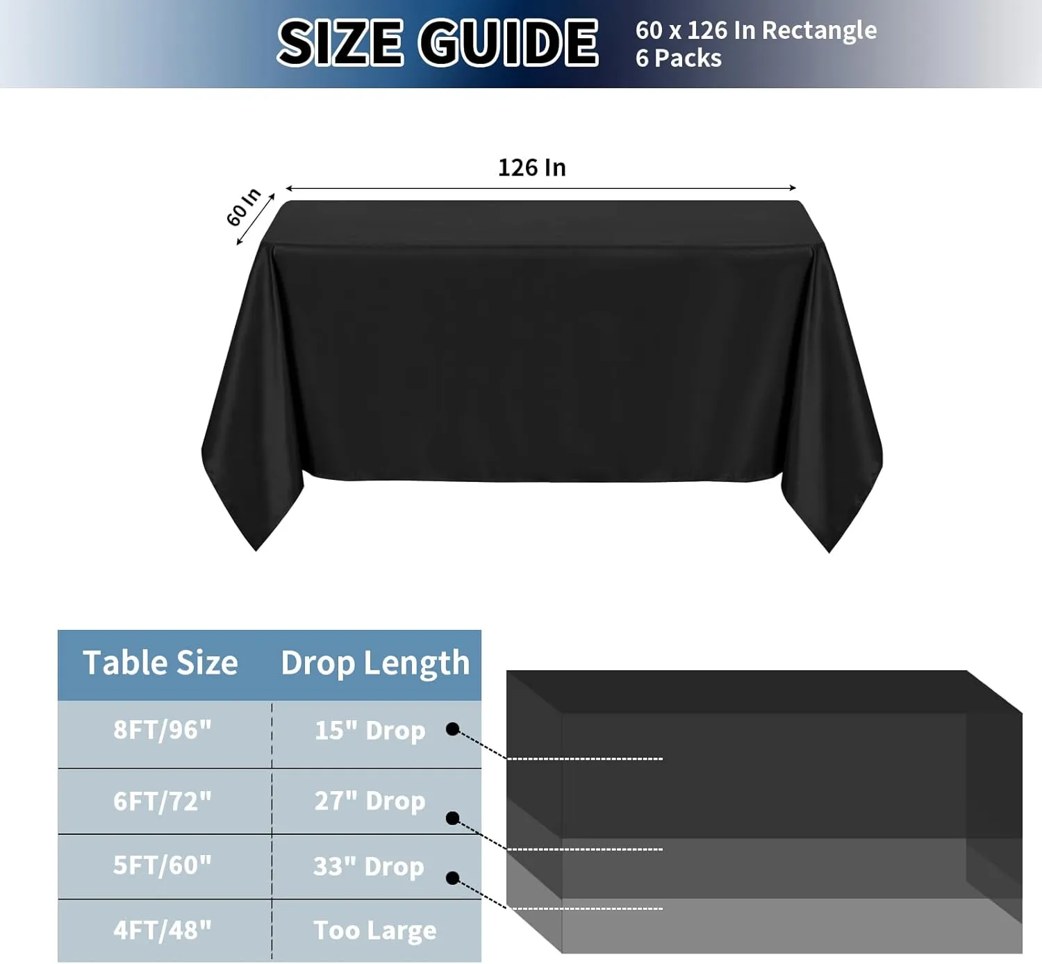 PureFit 6 Pack Black Table Cloths 60 x 126 Inch, Stain and Wrinkle Resistant Table Linen for 6 Ft Rectangle Table, Polyester Table Covers for Dining Table, Wedding, Party, Banquet and Camping
