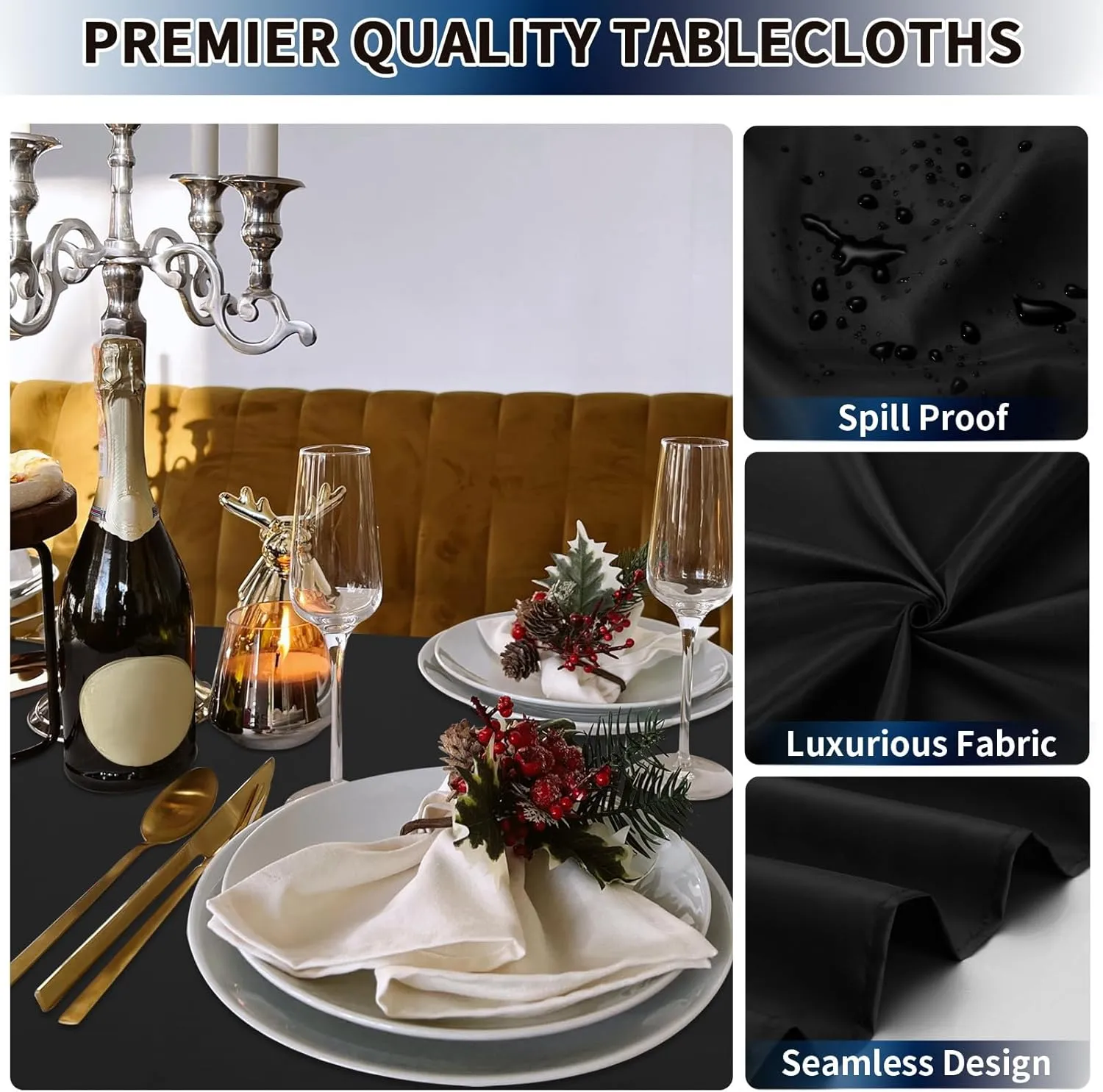 PureFit 6 Pack Black Table Cloths 60 x 126 Inch, Stain and Wrinkle Resistant Table Linen for 6 Ft Rectangle Table, Polyester Table Covers for Dining Table, Wedding, Party, Banquet and Camping