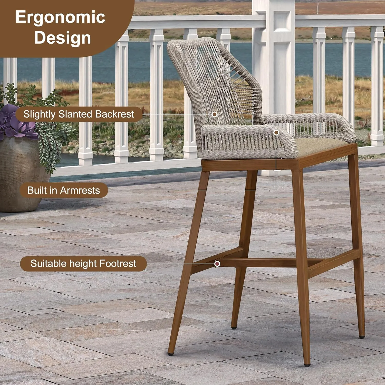 PURPLE LEAF 2 Pieces Bar Stools Patio Modern Rattan Barstools Aluminum Woven Tall Bar Chairs with Cushions for Outdoor Kitchen Island Garden