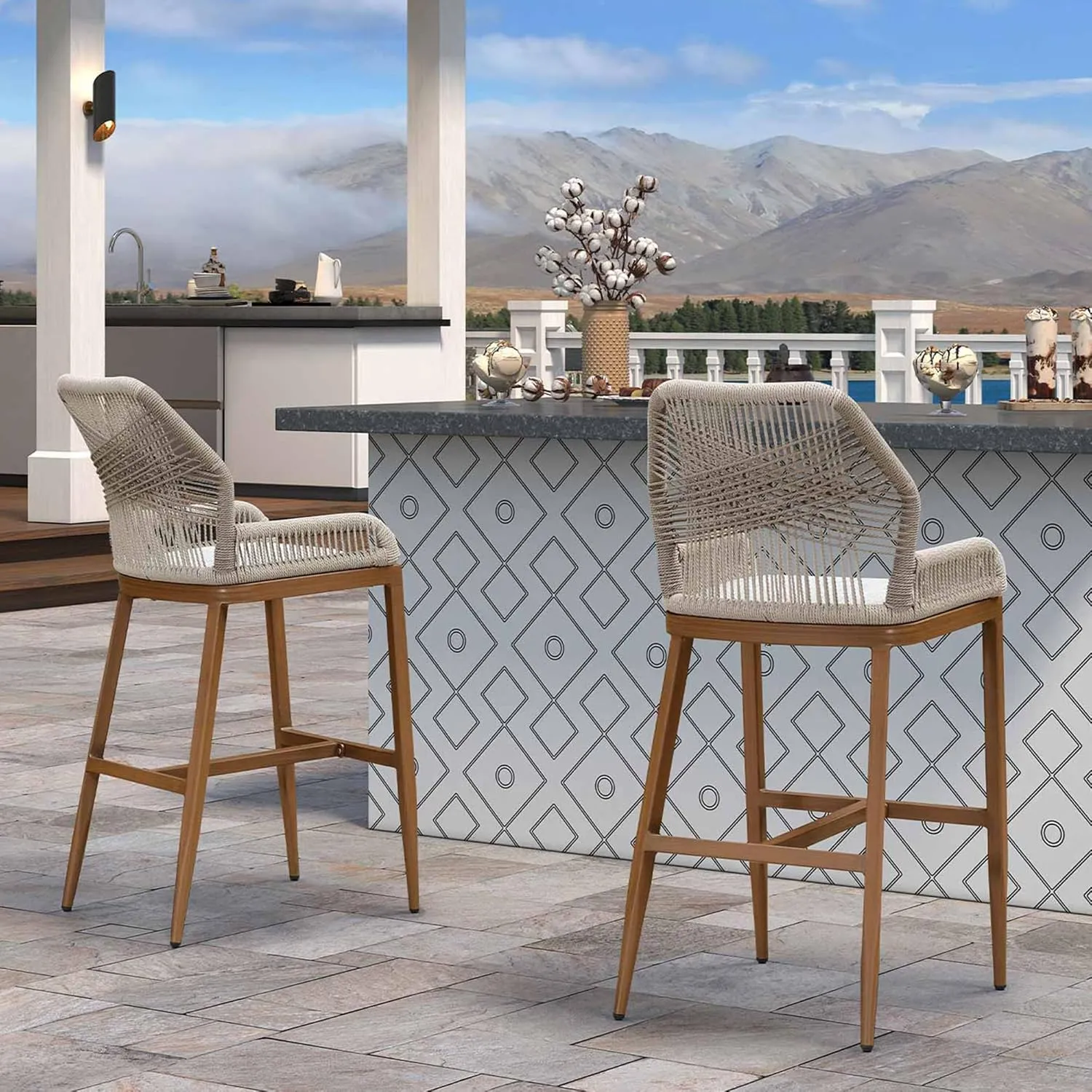 PURPLE LEAF 2 Pieces Bar Stools Patio Modern Rattan Barstools Aluminum Woven Tall Bar Chairs with Cushions for Outdoor Kitchen Island Garden