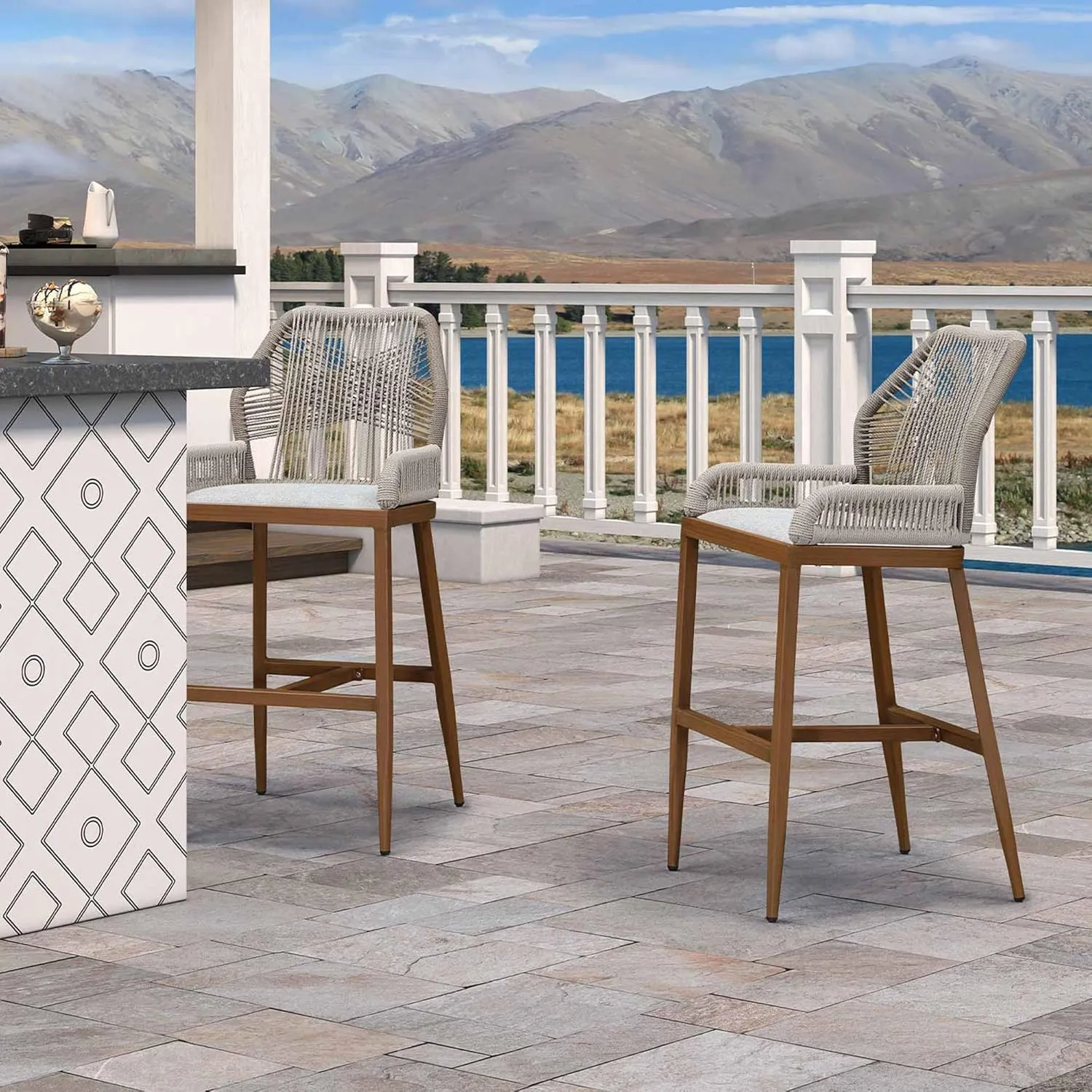 PURPLE LEAF 2 Pieces Bar Stools Patio Modern Rattan Barstools Aluminum Woven Tall Bar Chairs with Cushions for Outdoor Kitchen Island Garden