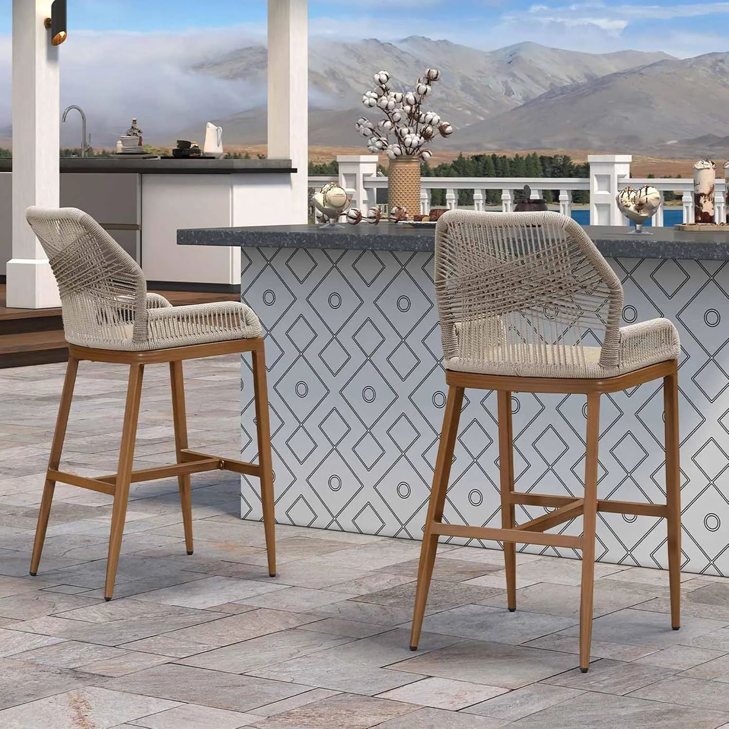 PURPLE LEAF 2 Pieces Bar Stools Patio Modern Rattan Barstools Aluminum Woven Tall Bar Chairs with Cushions for Outdoor Kitchen Island Garden