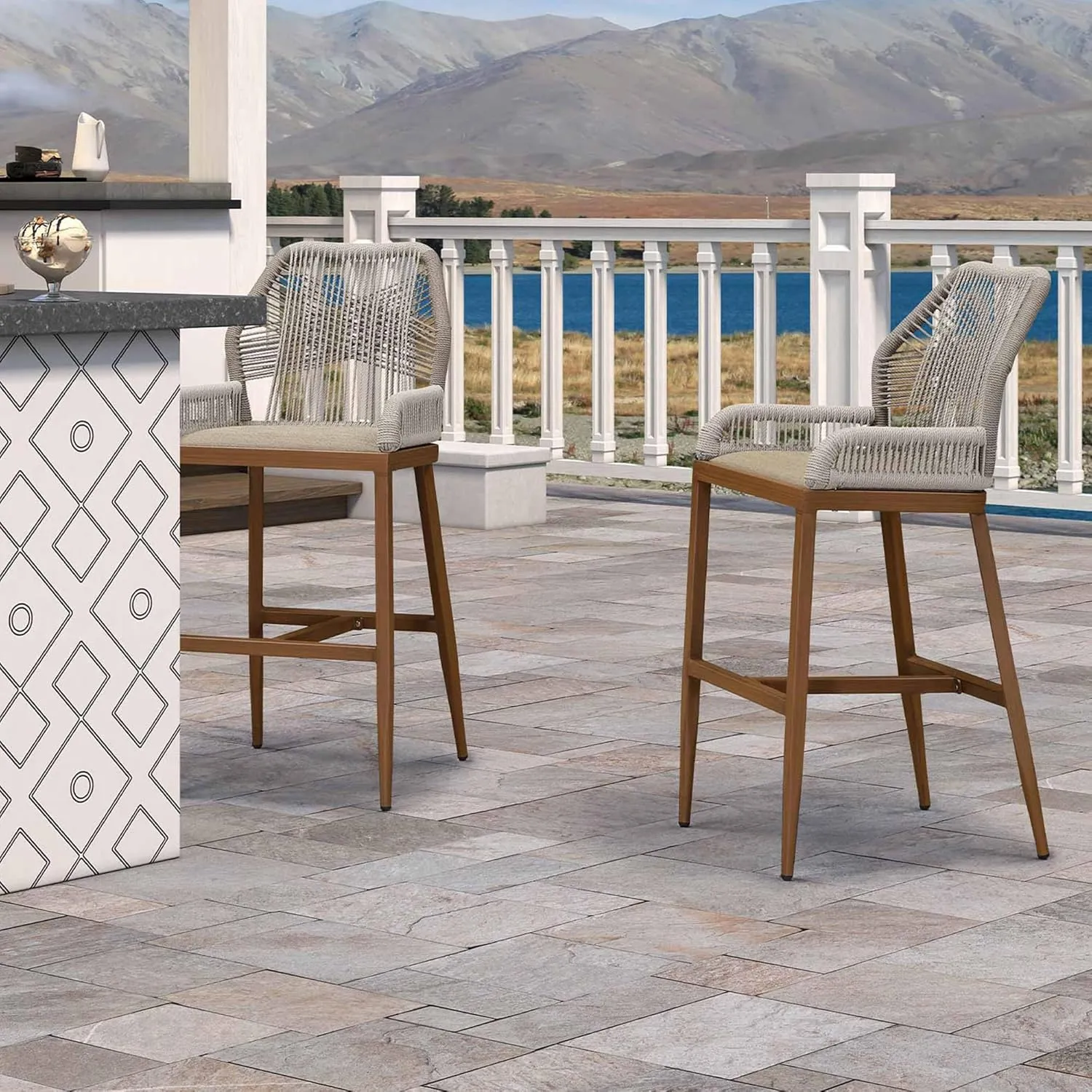PURPLE LEAF 2 Pieces Bar Stools Patio Modern Rattan Barstools Aluminum Woven Tall Bar Chairs with Cushions for Outdoor Kitchen Island Garden
