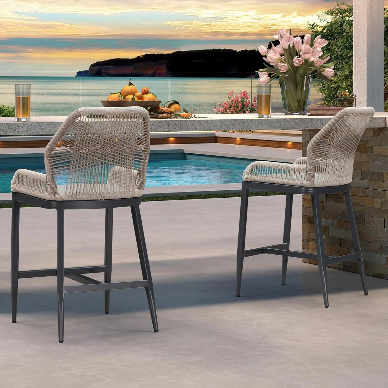 PURPLE LEAF 2 Pieces Counter Height Bar Stools Patio Boho Rattan Barstools Aluminum Woven Bar Chairs with Cushions for Outdoor Kitchen Island Garden