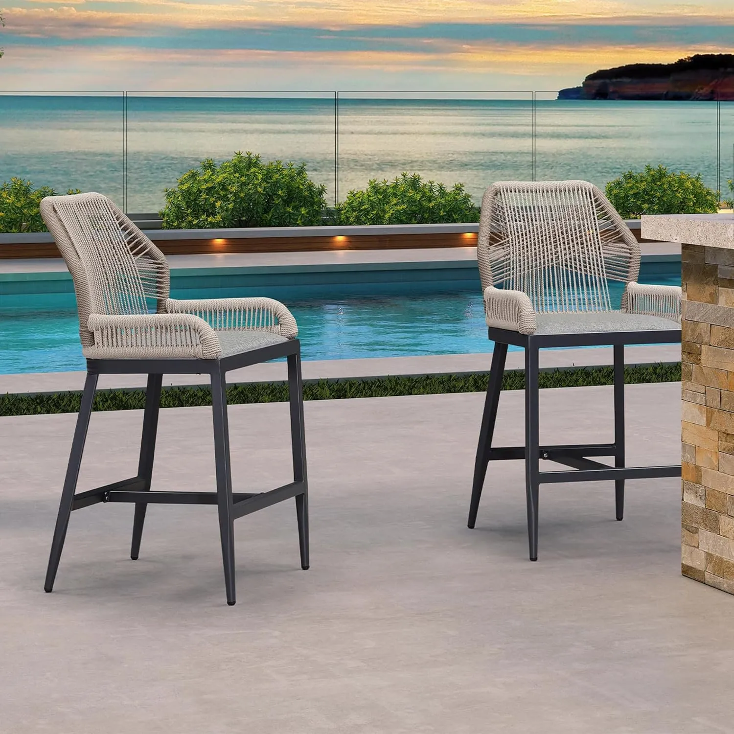 PURPLE LEAF 2 Pieces Counter Height Bar Stools Patio Boho Rattan Barstools Aluminum Woven Bar Chairs with Cushions for Outdoor Kitchen Island Garden