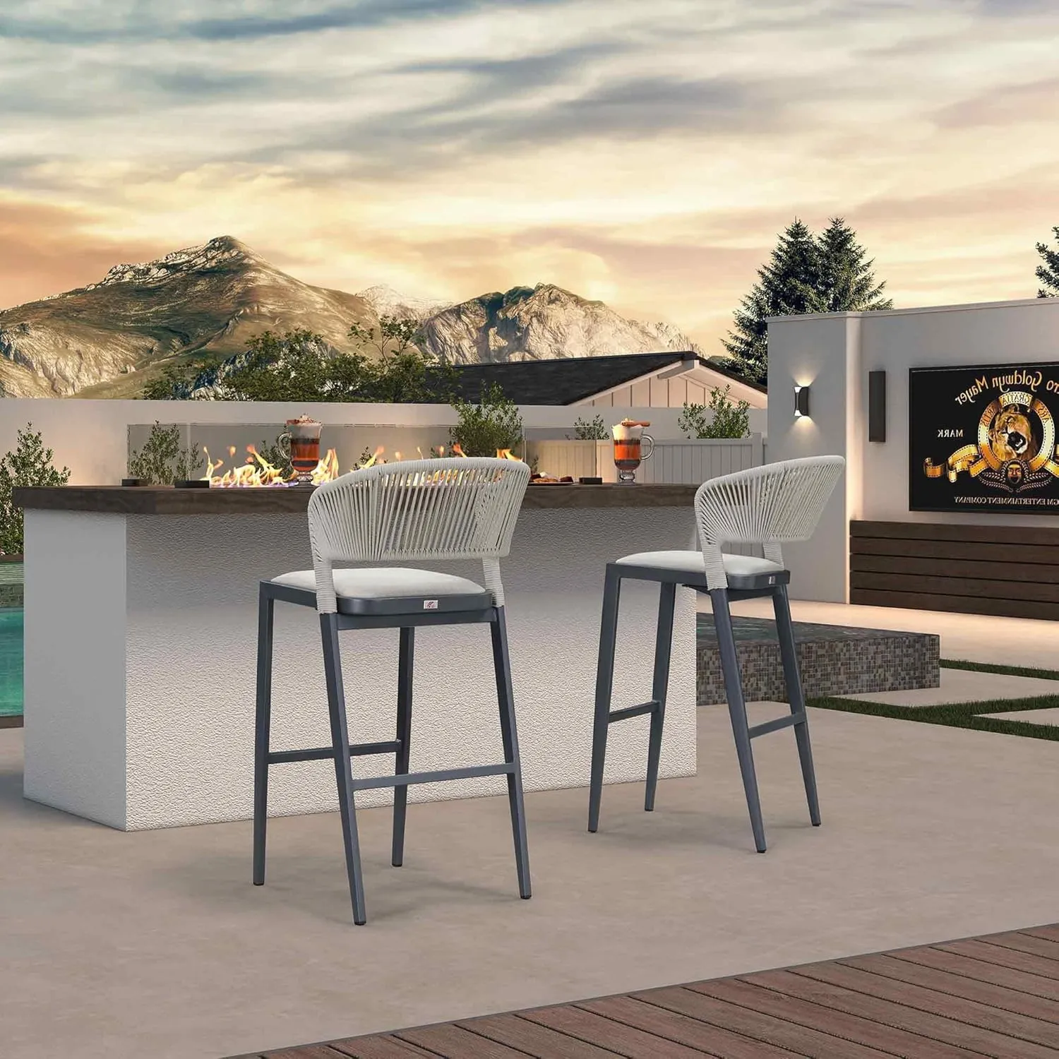 PURPLE LEAF Bar Stool Set of 2 Outdoor Bar Chairs with Footrest Bar Height Stools for Indoor Wicker Dark Gray Barstools