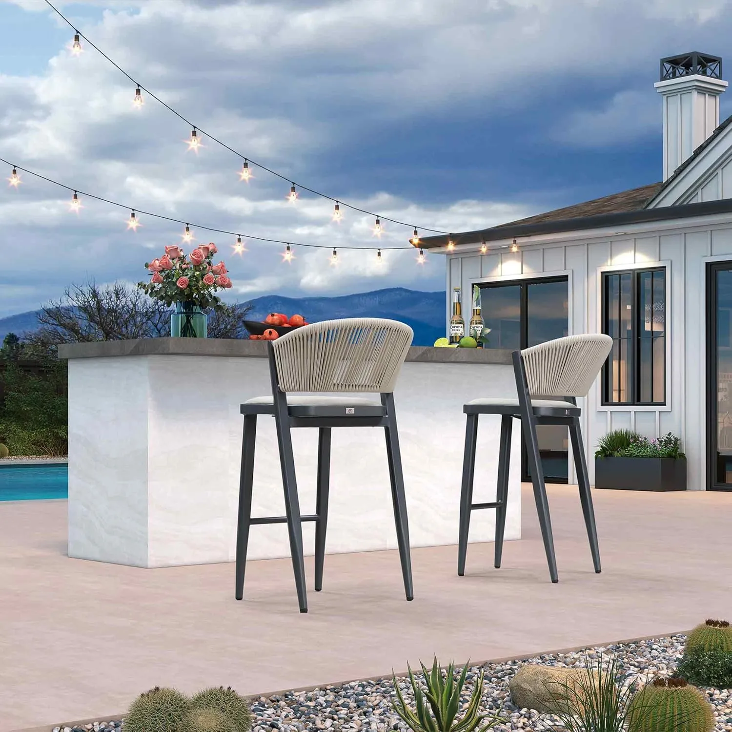 PURPLE LEAF Bar Stool Set of 2 Outdoor Bar Chairs with Footrest Bar Height Stools for Indoor Wicker Gray Barstools