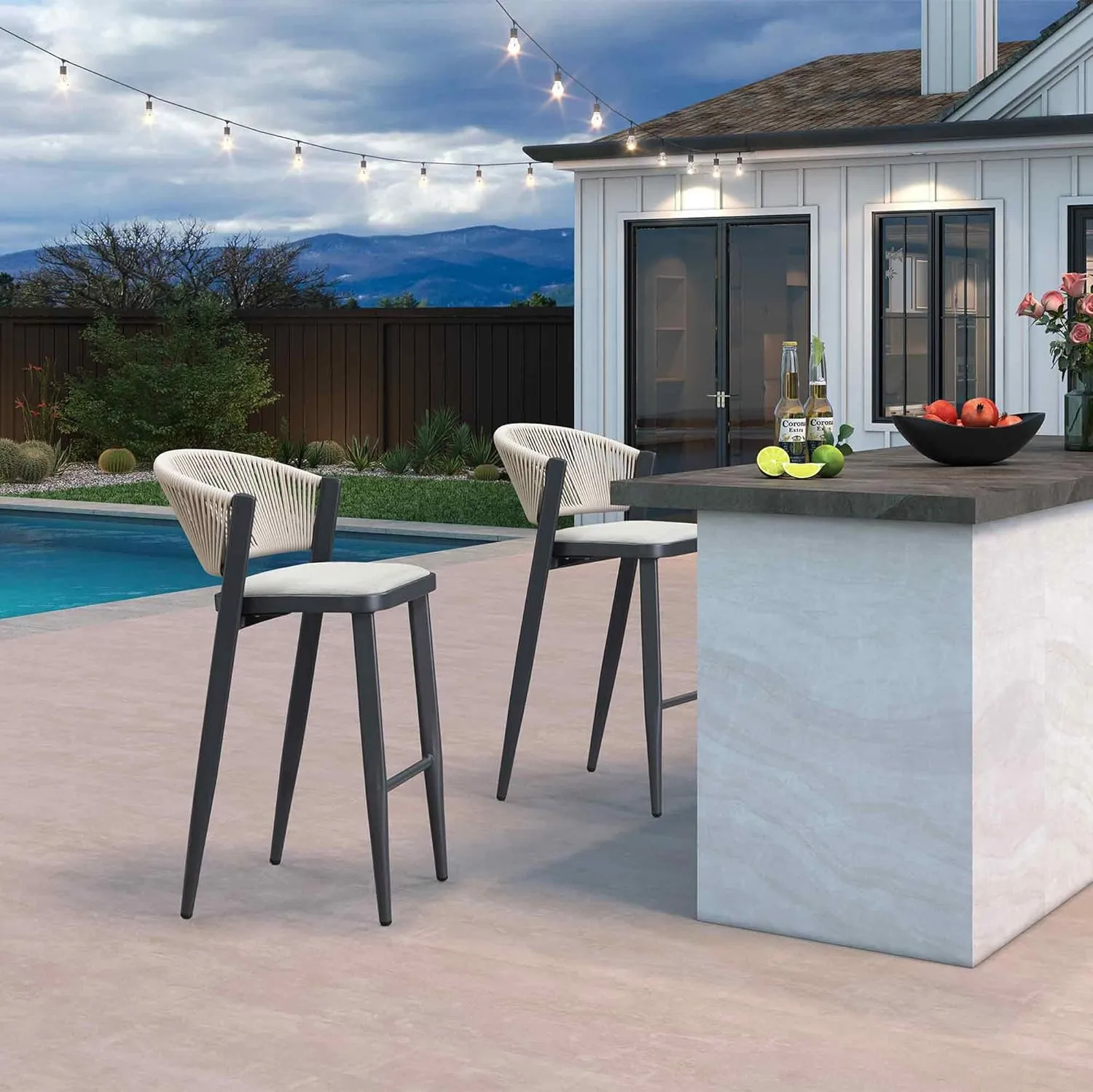 PURPLE LEAF Bar Stool Set of 2 Outdoor Bar Chairs with Footrest Bar Height Stools for Indoor Wicker Gray Barstools