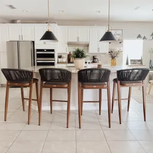 PURPLE LEAF Bar Stool Set of 2 Outdoor Rattan Bar Chair with Back Metal Bar Height Stool Wicker Barstool Brown