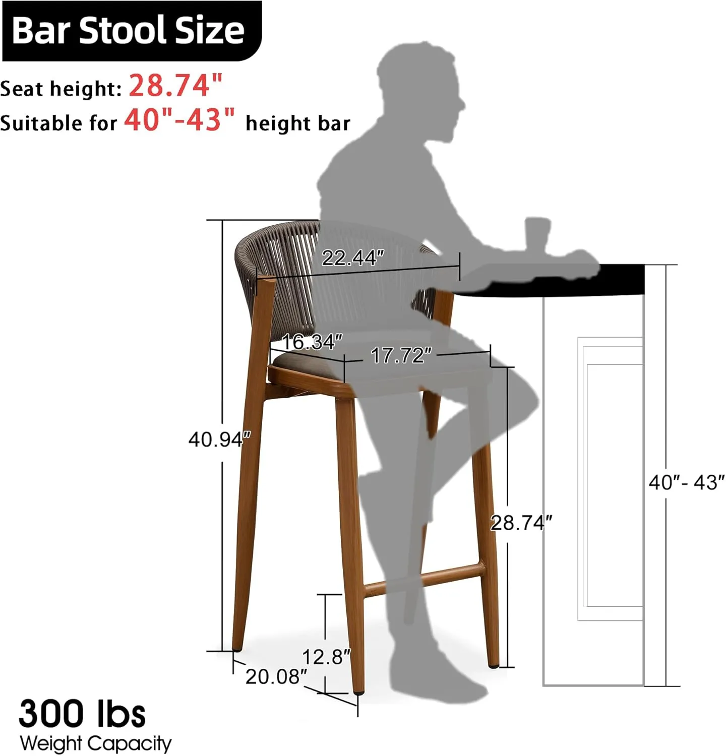 PURPLE LEAF Bar Stool Set of 2 Outdoor Rattan Bar Chair with Back Metal Bar Height Stool Wicker Barstool Brown