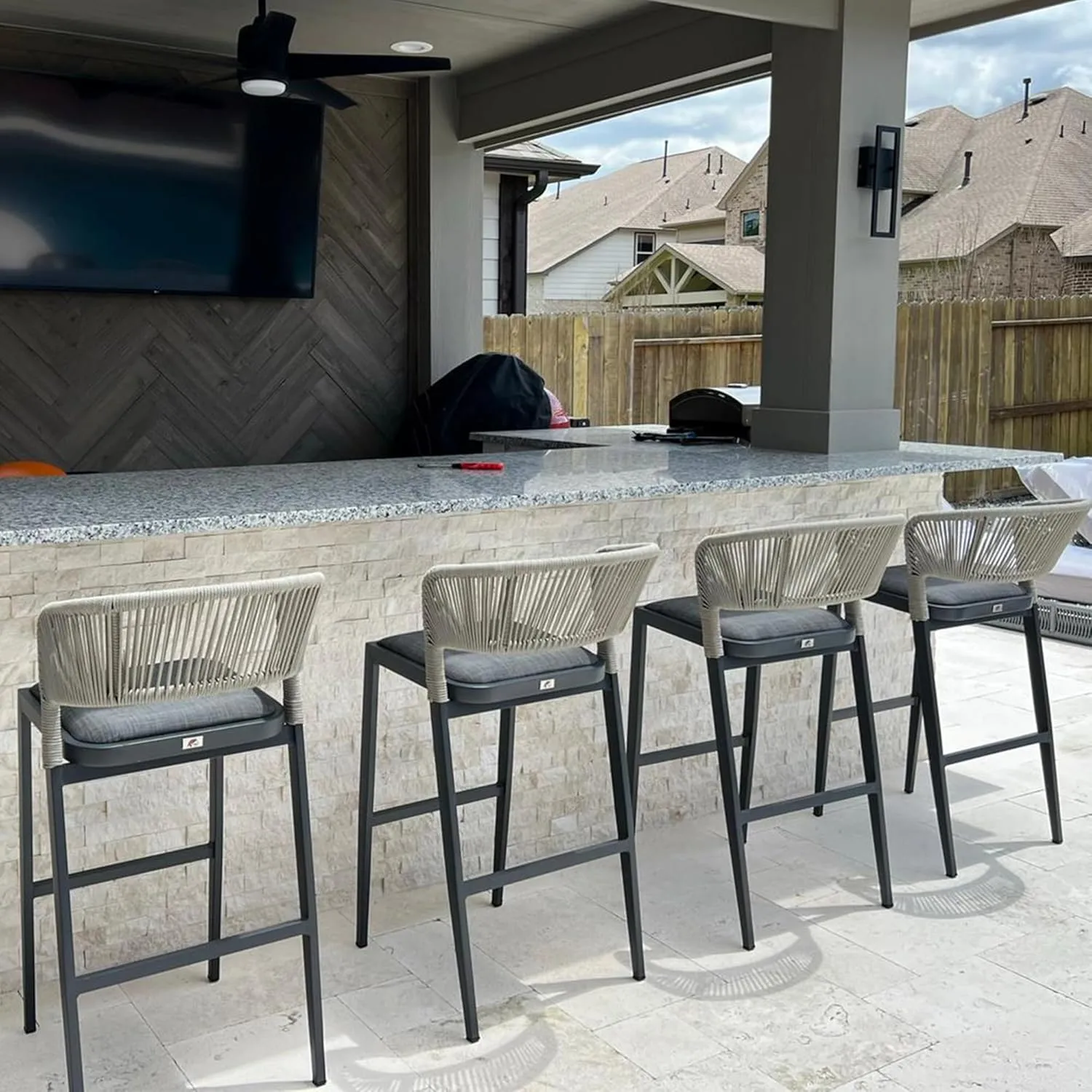 PURPLE LEAF Bar Stool Set of 2 Outdoor Rattan Bar Chair with Back Metal Bar Height Stool Wicker Barstool Dark Grey