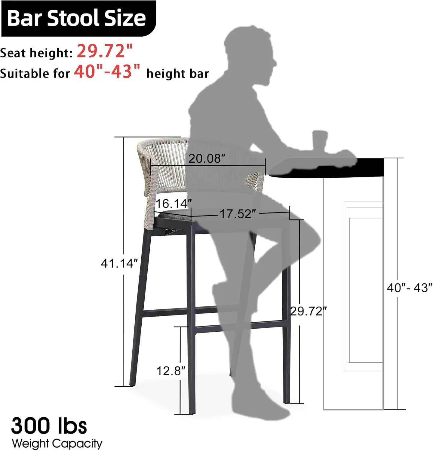 PURPLE LEAF Bar Stool Set of 2 Outdoor Rattan Bar Chair with Back Metal Bar Height Stool Wicker Barstool Dark Grey