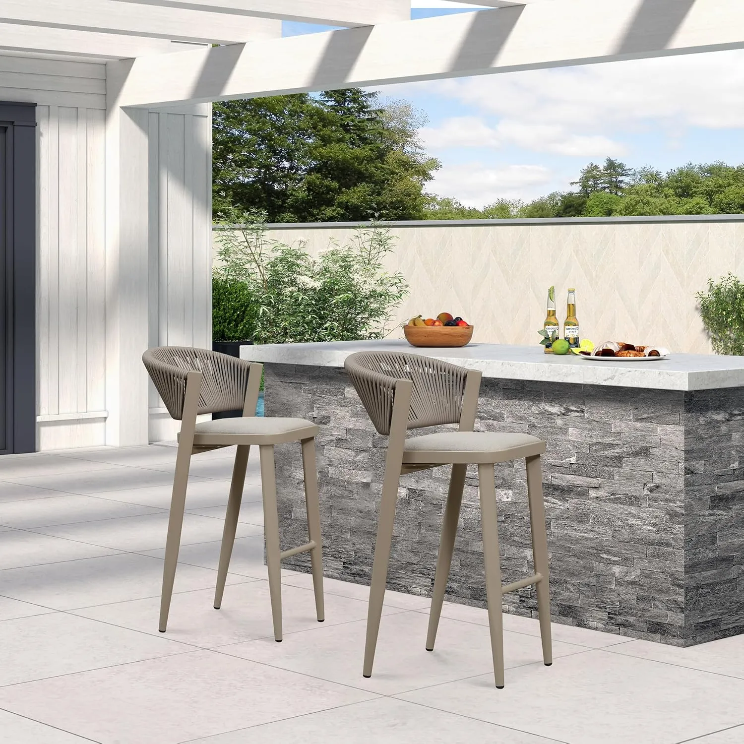 PURPLE LEAF Bar Stool Set of 2 Patio Bar Chairs with Footrest Rattan Bar Height Stools Wicker Champagne Barstools