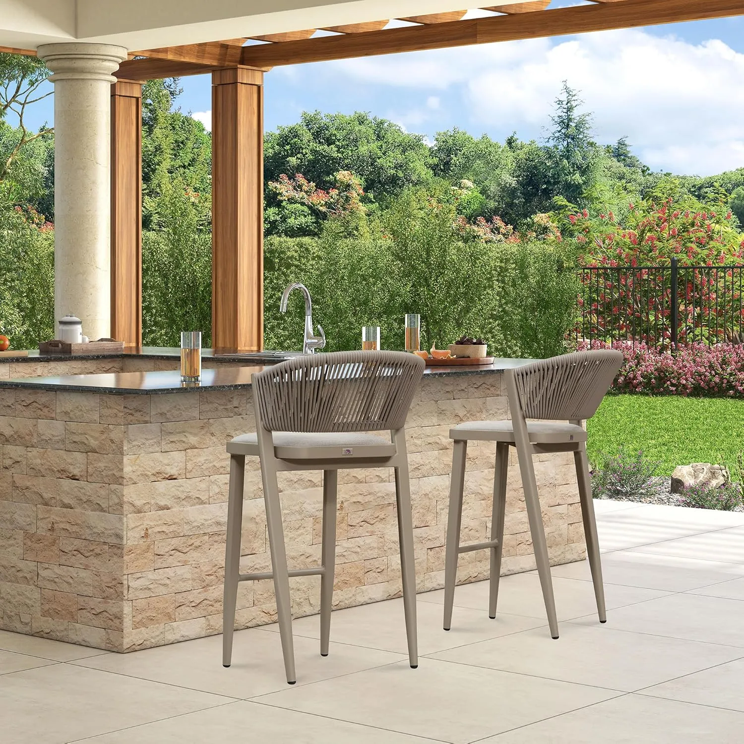 PURPLE LEAF Bar Stool Set of 2 Patio Bar Chairs with Footrest Rattan Bar Height Stools Wicker Champagne Barstools